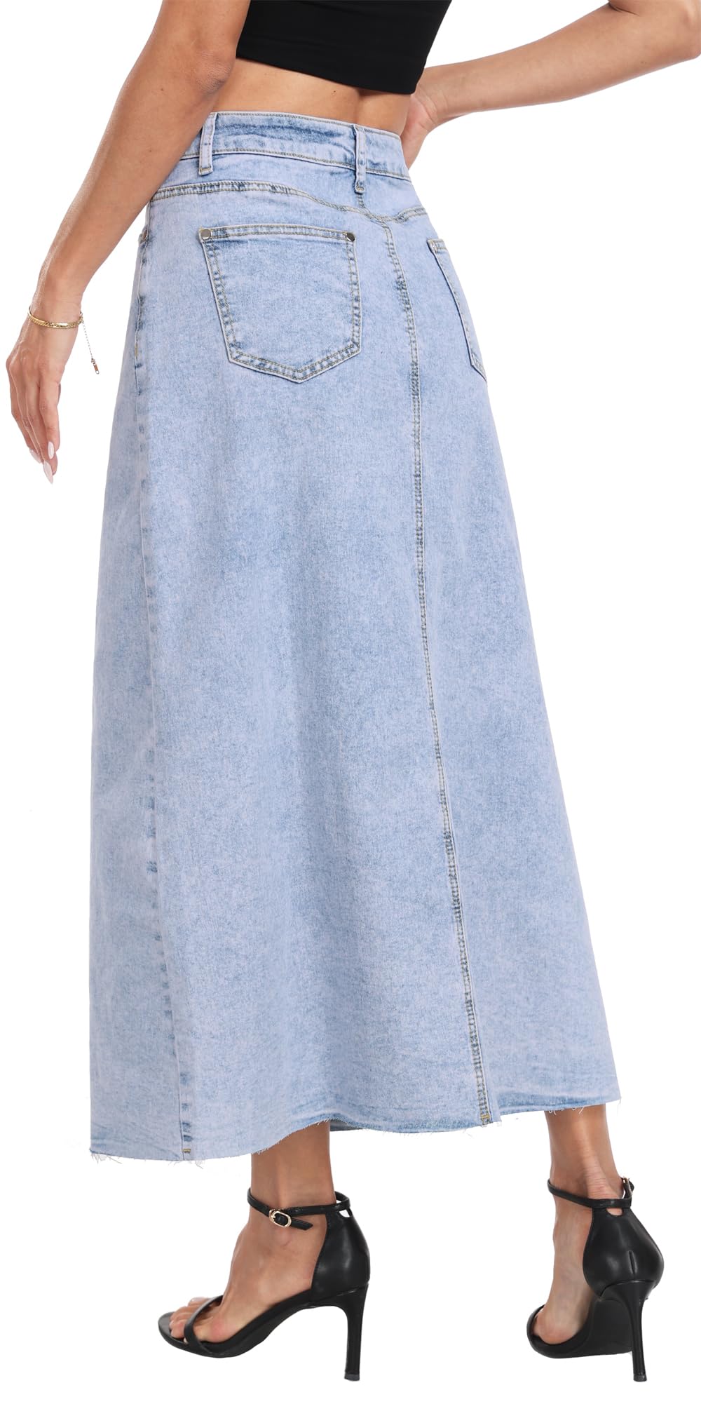 MISS MOLY Women's Maxi Long Denim Skirts High Waist Frayed Raw Hem Split A line Flare Jean Skirt with Pockets