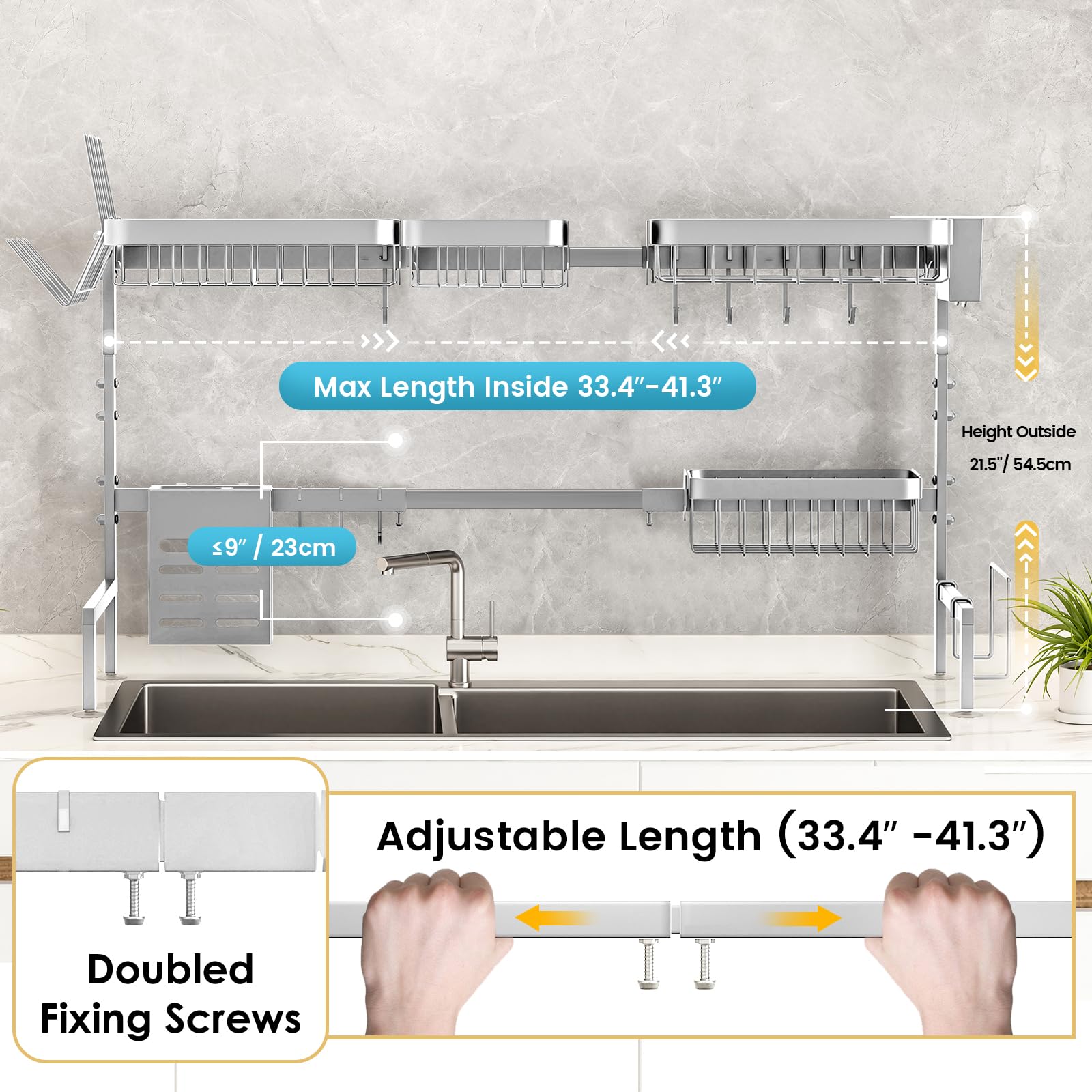 MERRYBOX 304 Stainless Steel Over The Sink Dish Drying Rack Length Adjustable Dish Drainer Full Set Dish Rack for Kitchen Sink Organizer Space Saver - Silver