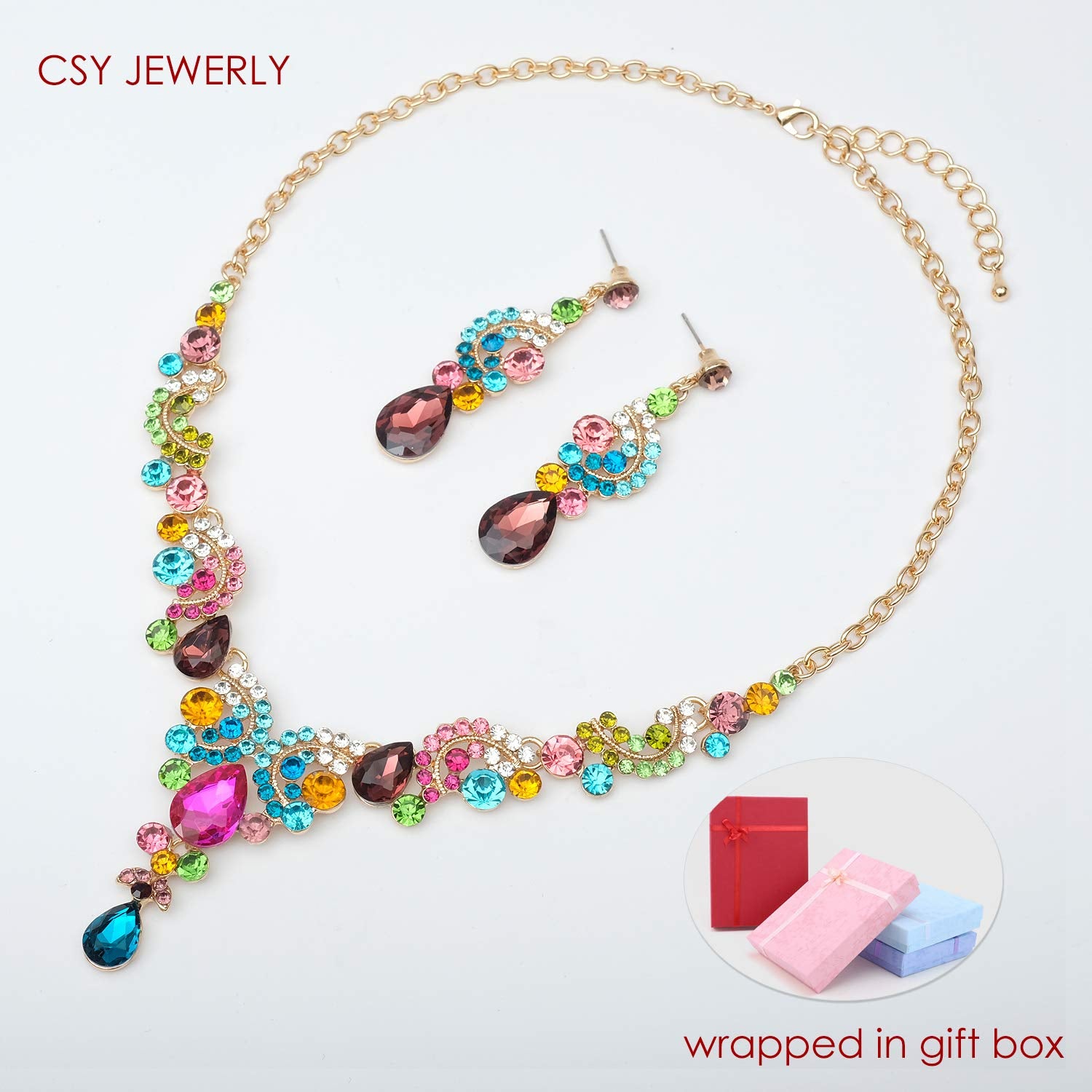 CSY Elegant Crystal Necklace Earrings Bracelet Ring Bridal Wedding Party Costume Jewelry Sets for Brides Women