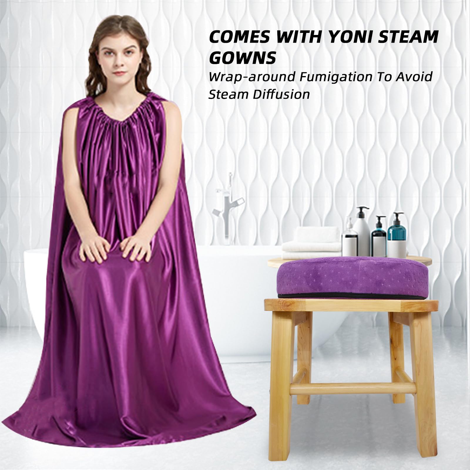 Yoni Seat Kit, Wooden Vaginial Steaming Stool Chair Set with Gown for Feminine Vaginal Postpartum Care,Irregular Period Treatment,Menopause Relief,Uterus Cleanser Detox for Women