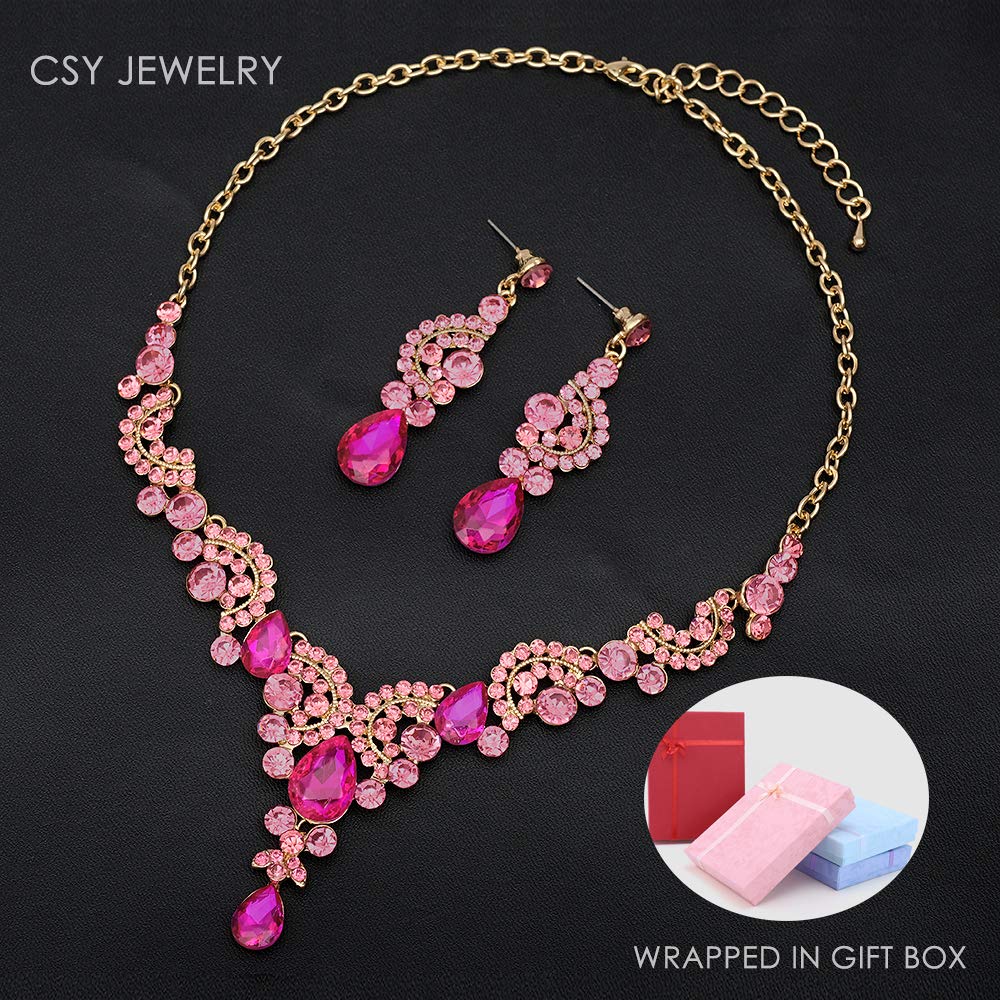 CSY Elegant Crystal Necklace Earrings Bracelet Ring Bridal Wedding Party Costume Jewelry Sets for Brides Women