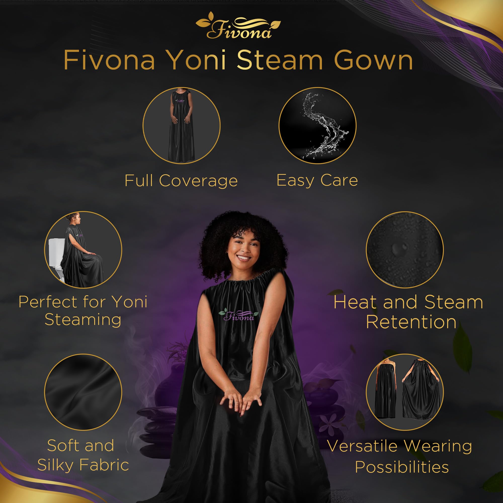 FIVONA 4 in 1 Yoni Steam Kit Black - Foldable Over The Toilet Steamer Seat with Herbal Blend, Storage Bag and Steam Gown - Effective Detox pH Balance Cleansing and Relaxation