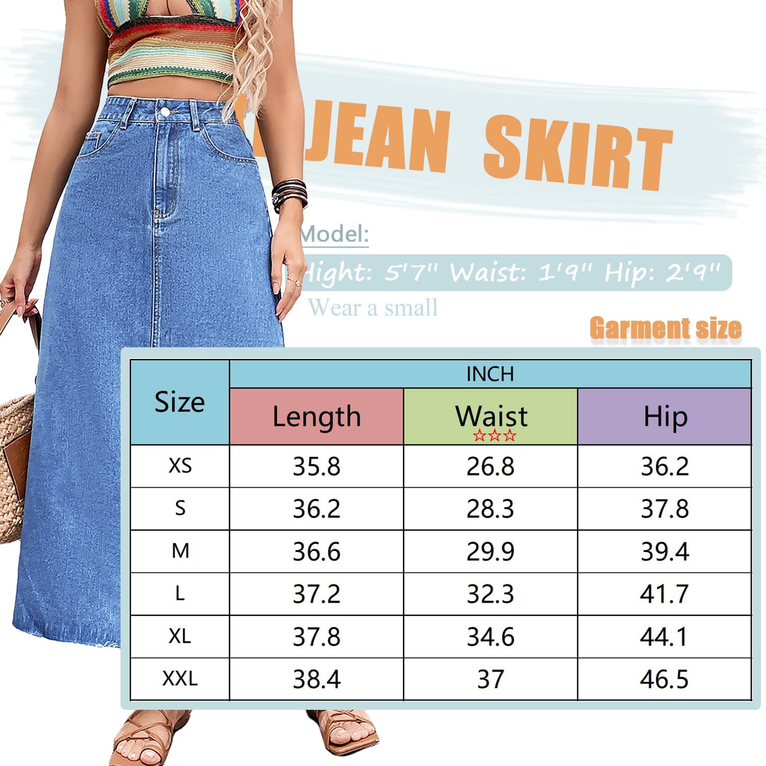 MISS MOLY Women's Maxi Long Denim Skirts High Waist Frayed Raw Hem Split A line Flare Jean Skirt with Pockets