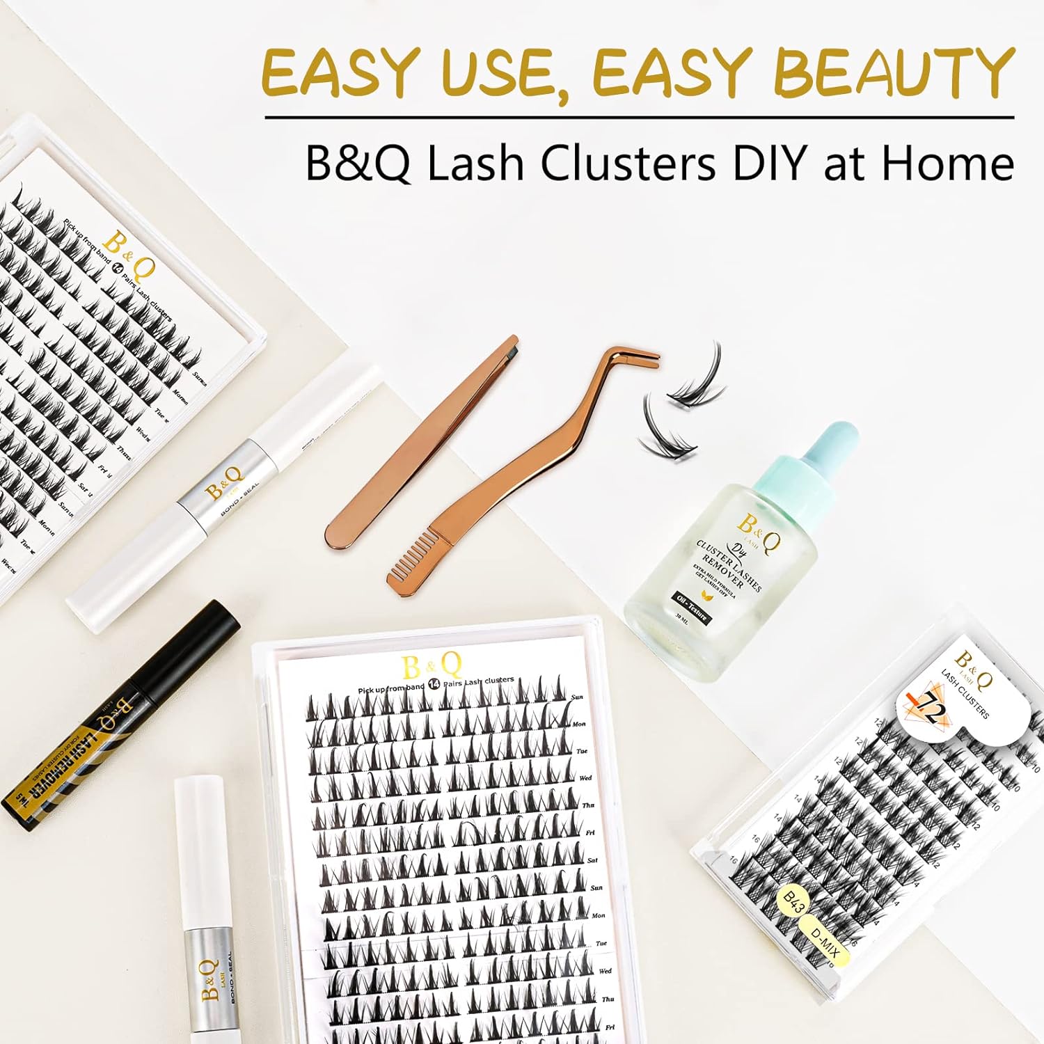 DIY Lash Extension Kit Individual Eyelash Extension Kit B&Q D Curl Cluster Lashes Individual Eyelashes with Lash Bond and Seal, Lash Applicator Tool DIY Lash Extensions at Home (Kit,40D-0.07D-8-18mix)