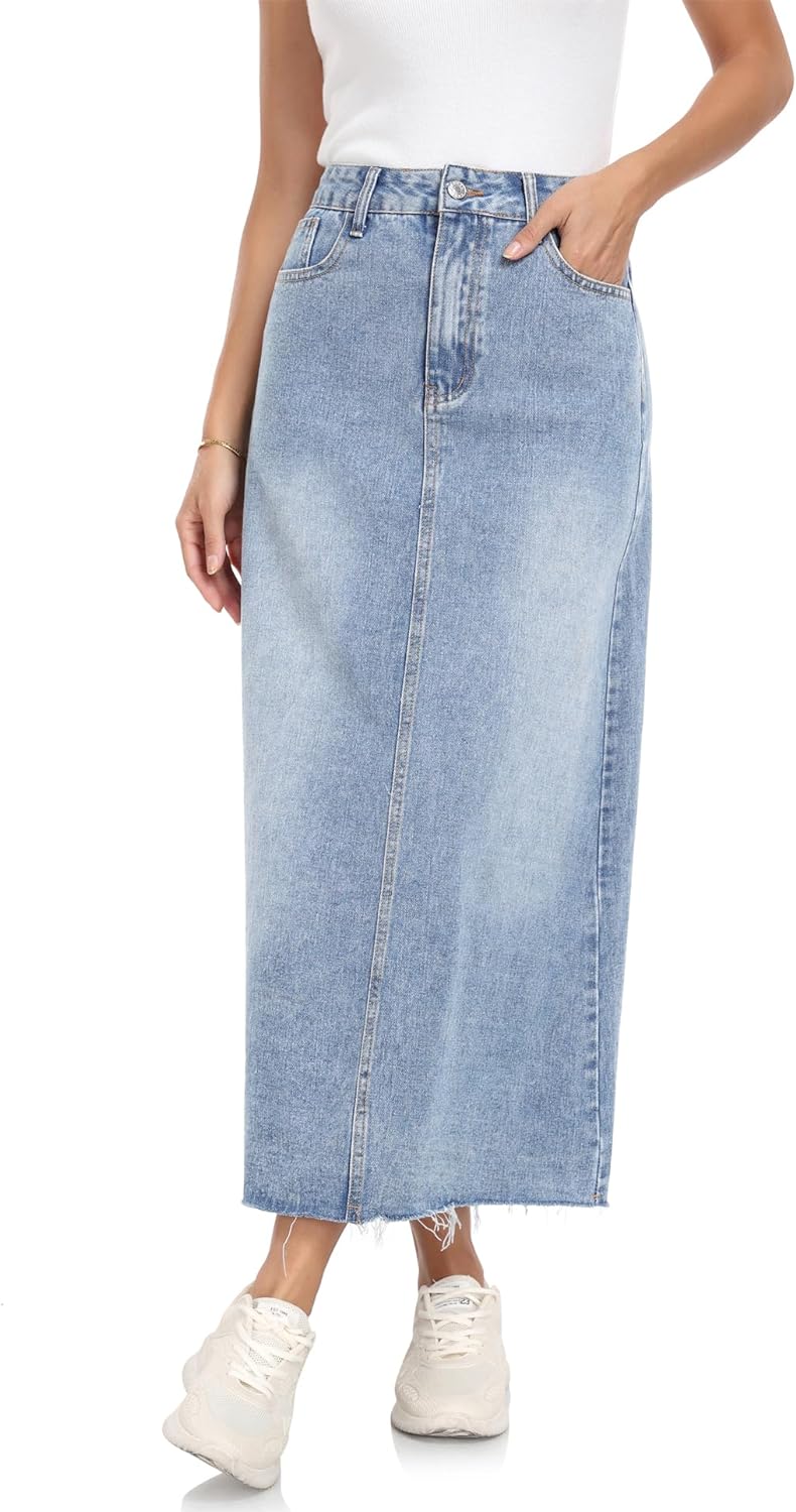 MISS MOLY Women's Maxi Long Denim Skirts High Waist Frayed Raw Hem Split A line Flare Jean Skirt with Pockets