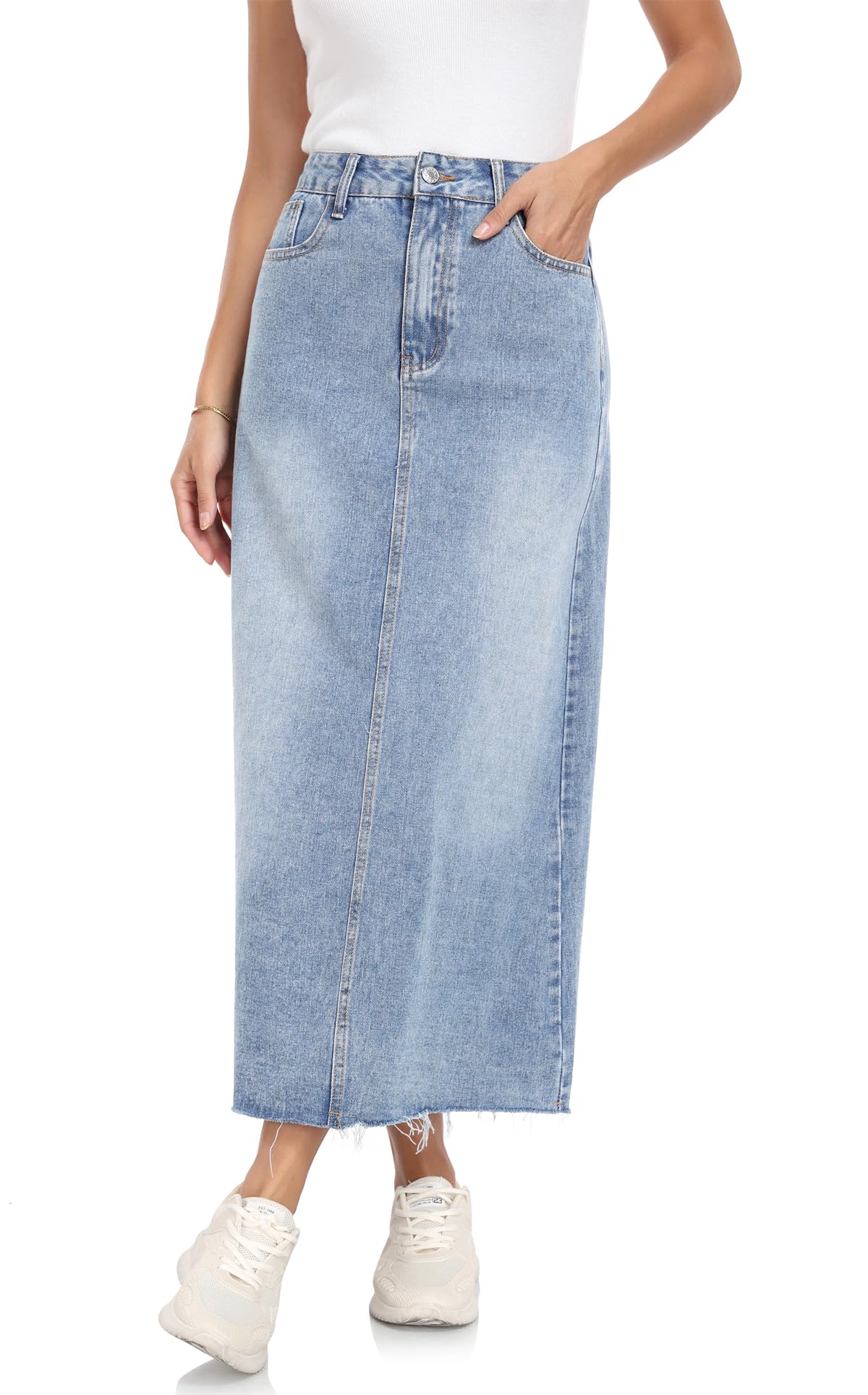 MISS MOLY Women's Maxi Long Denim Skirts High Waist Frayed Raw Hem Split A line Flare Jean Skirt with Pockets