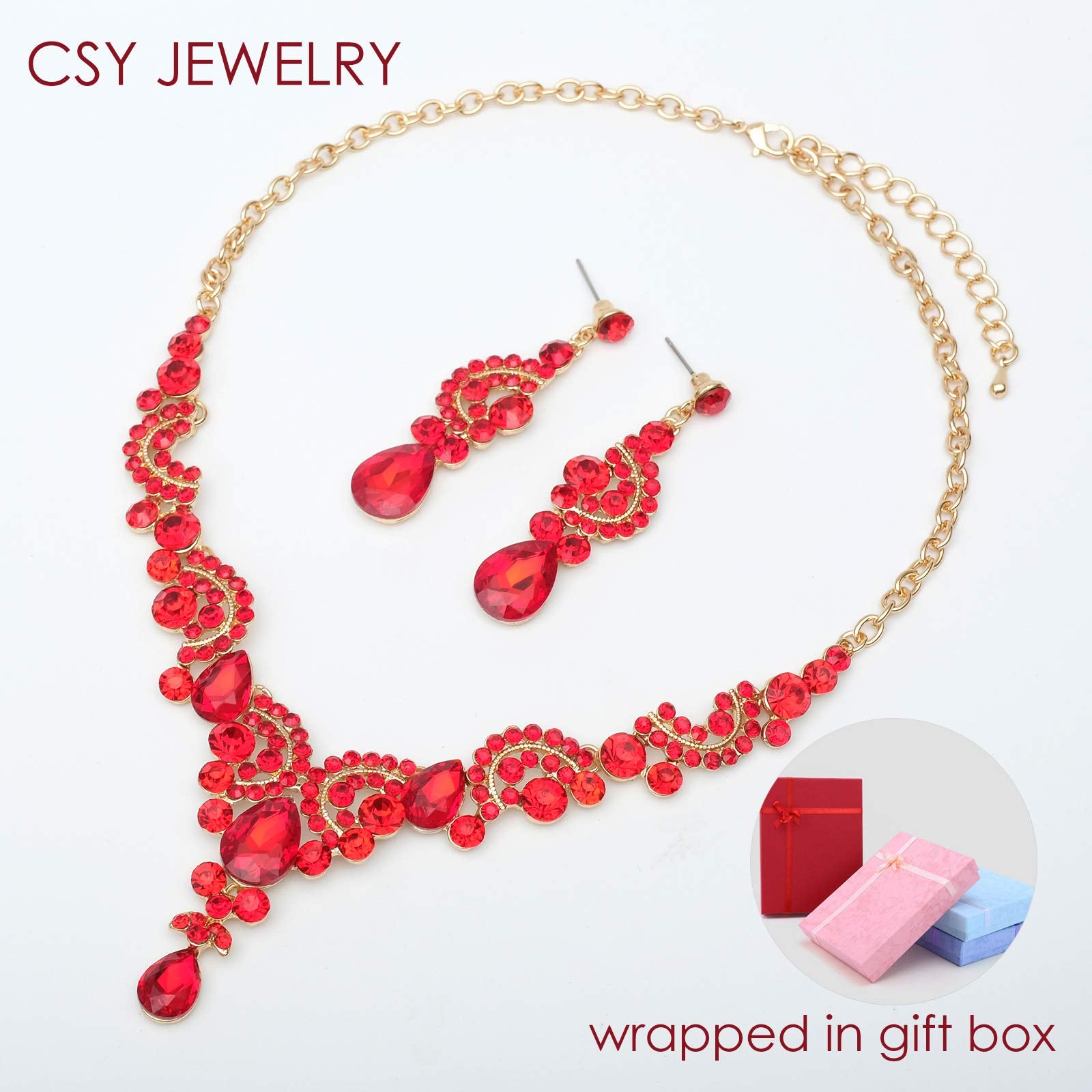 CSY Elegant Crystal Necklace Earrings Bracelet Ring Bridal Wedding Party Costume Jewelry Sets for Brides Women