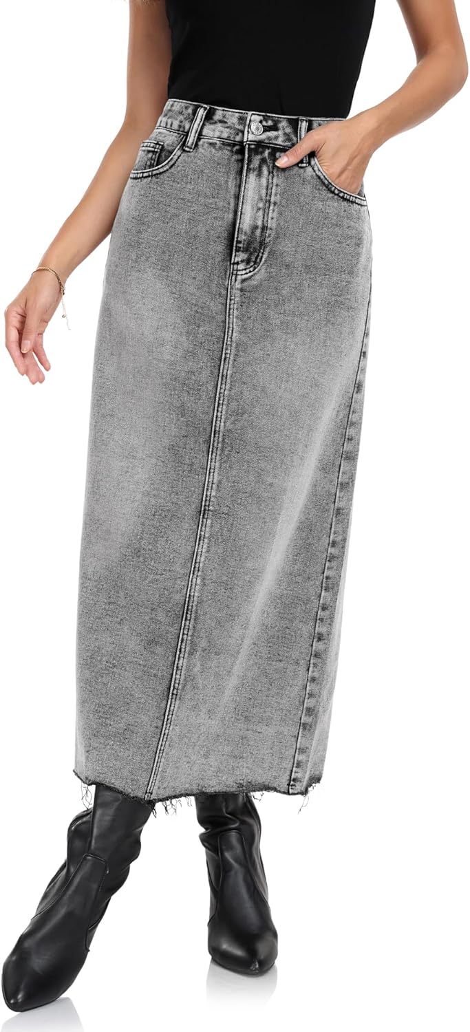 MISS MOLY Women's Maxi Long Denim Skirts High Waist Frayed Raw Hem Split A line Flare Jean Skirt with Pockets