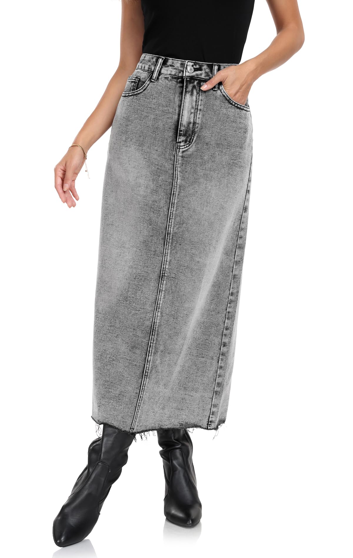 MISS MOLY Women's Maxi Long Denim Skirts High Waist Frayed Raw Hem Split A line Flare Jean Skirt with Pockets