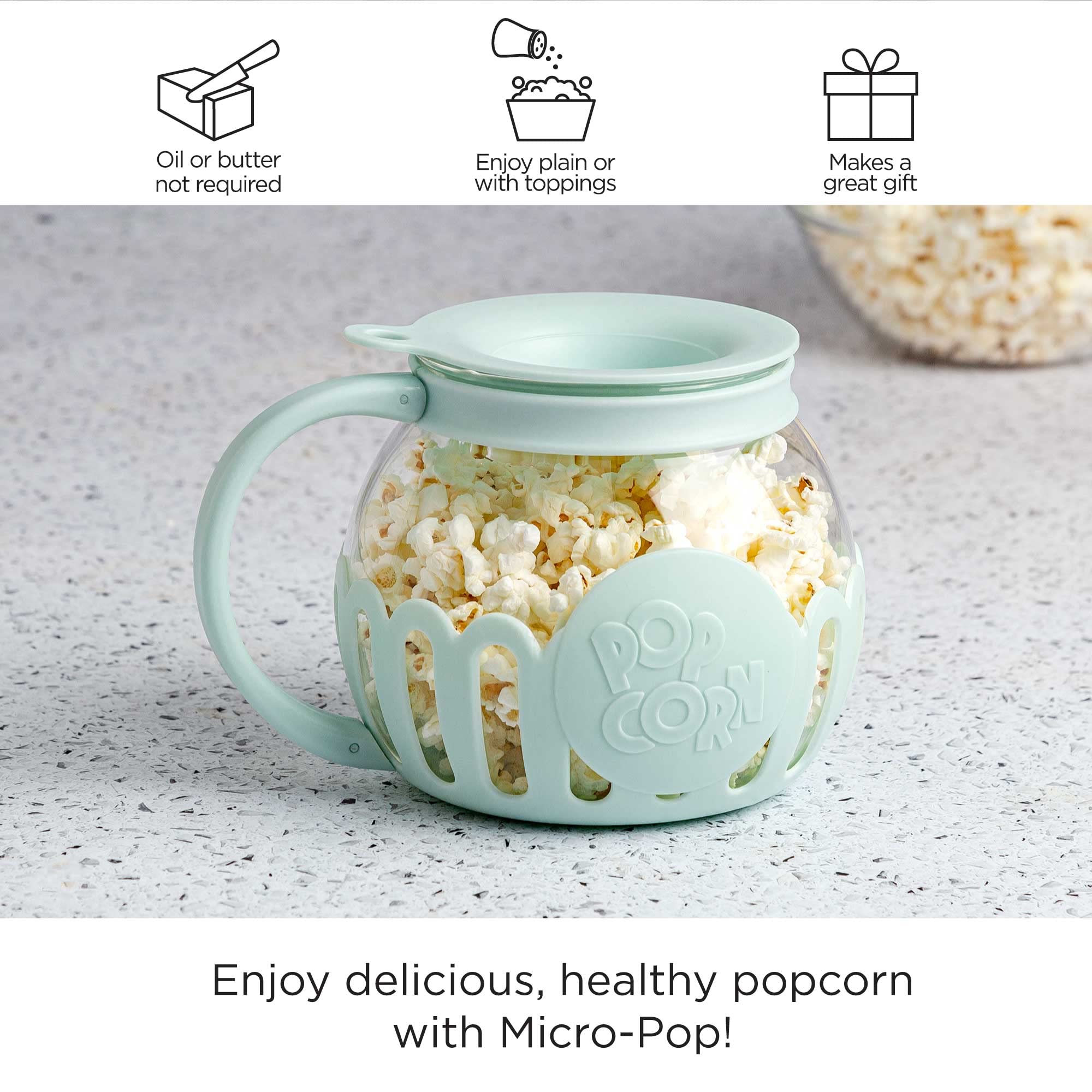 Ecolution Patented Micro-Pop Microwave Popcorn Popper with Temperature Safe Glass, 3-in-1 Lid Measures Kernels and Melts Butter, Made Without BPA, Dishwasher Safe, 3-Quart, Aqua