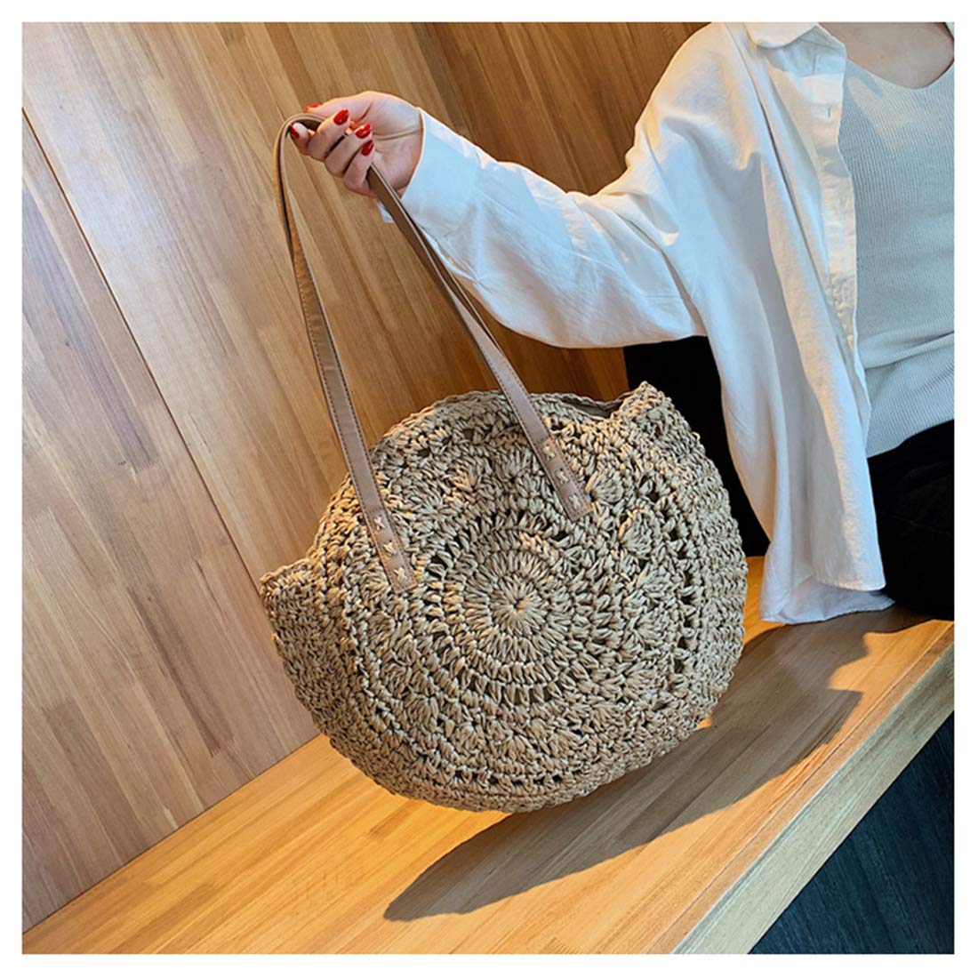 Straw Handbags Women Handwoven Round Corn Straw Bags Natural Chic Hand Large Summer Beach Tote Woven Handle Shoulder Bag