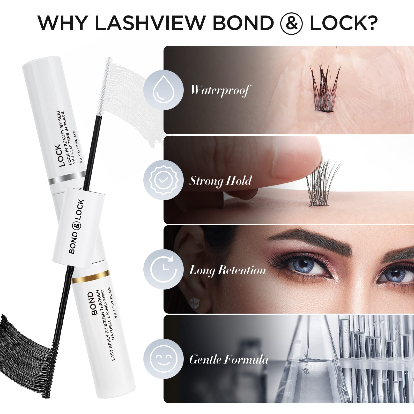 LASHVIEW Lash Bond and Seal, Cluster Lash Glue Strong Gentle Comfortable Lash Adhesive for All Day Wear Latex-Free Suitable for Sensitive Eyes Eyelashes Glue Waterproof