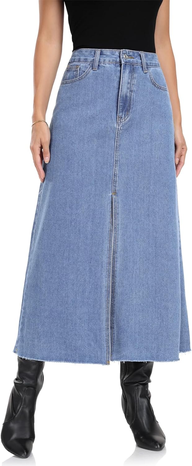 MISS MOLY Women's Maxi Long Denim Skirts High Waist Frayed Raw Hem Split A line Flare Jean Skirt with Pockets