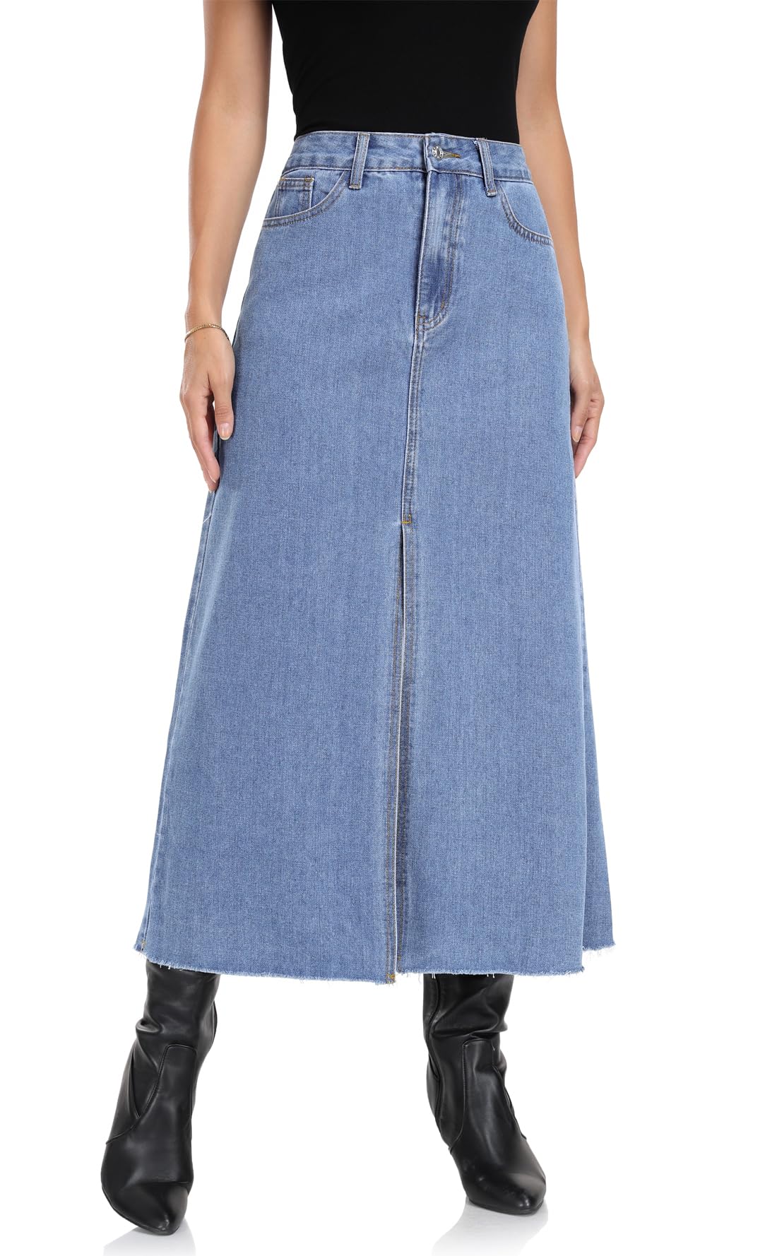 MISS MOLY Women's Maxi Long Denim Skirts High Waist Frayed Raw Hem Split A line Flare Jean Skirt with Pockets