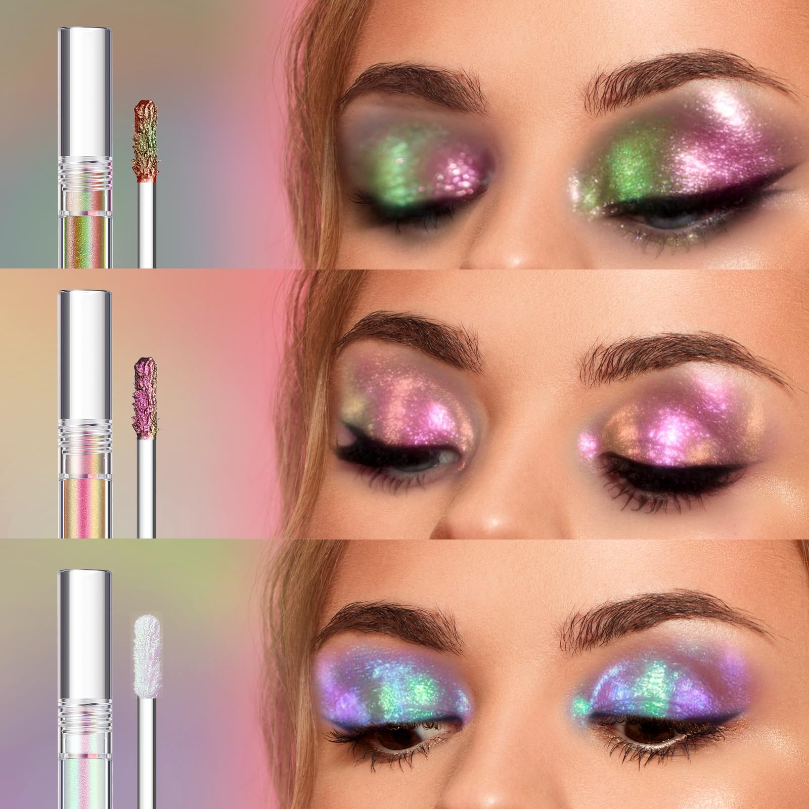 Jolilab Metallic Liquid Chameleon Eyeshadow, Multi-Dimensional Eye Looks, Long-lasting Holographic Glitter Multichrome Eyeshadows Makeup (#Peacock+Wonder+Ember)