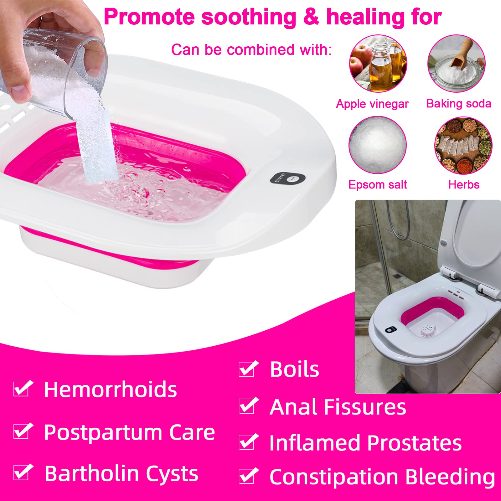 Sitz Bath, Electric Sitz Bath for Hemorrhoids, Sitz Bath for Toilet Seat, Postpartum Care Pan for Women, Yoni Hip Bath Basin, Sits Bath Soak Salts Tub, Vaginal Wash Bowl, Foldable, Pink