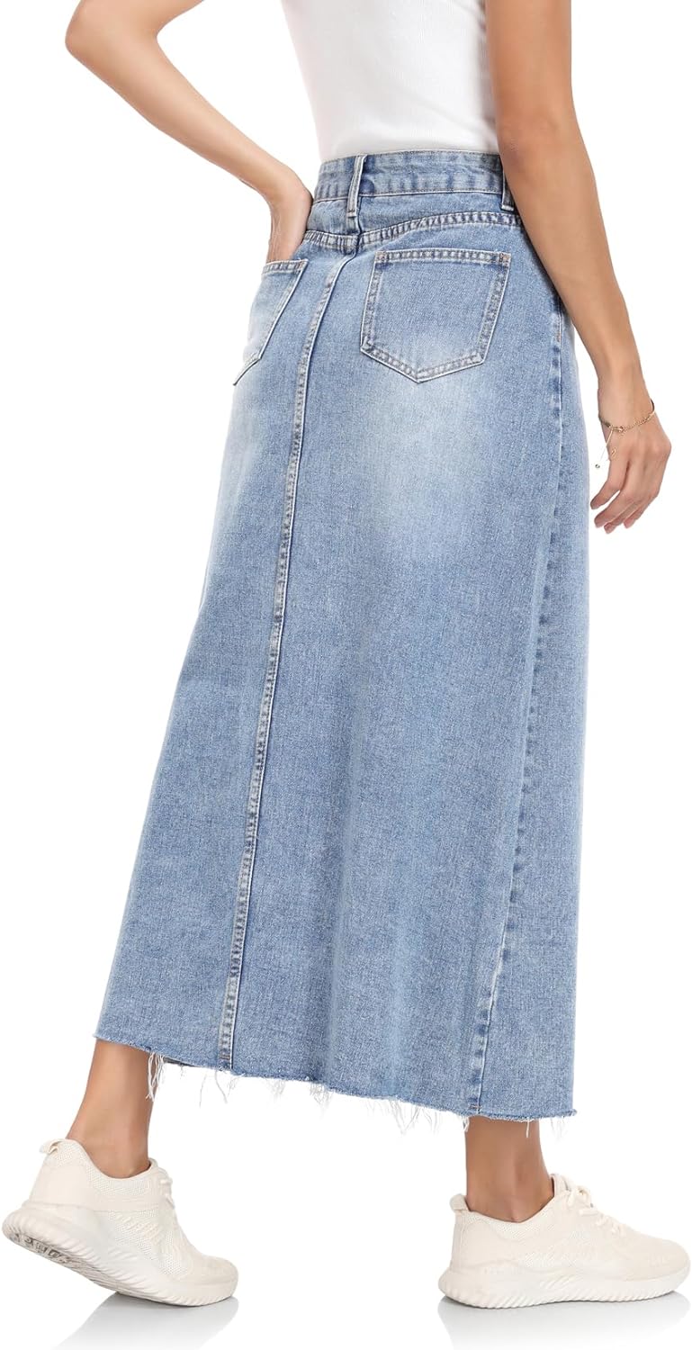 MISS MOLY Women's Maxi Long Denim Skirts High Waist Frayed Raw Hem Split A line Flare Jean Skirt with Pockets