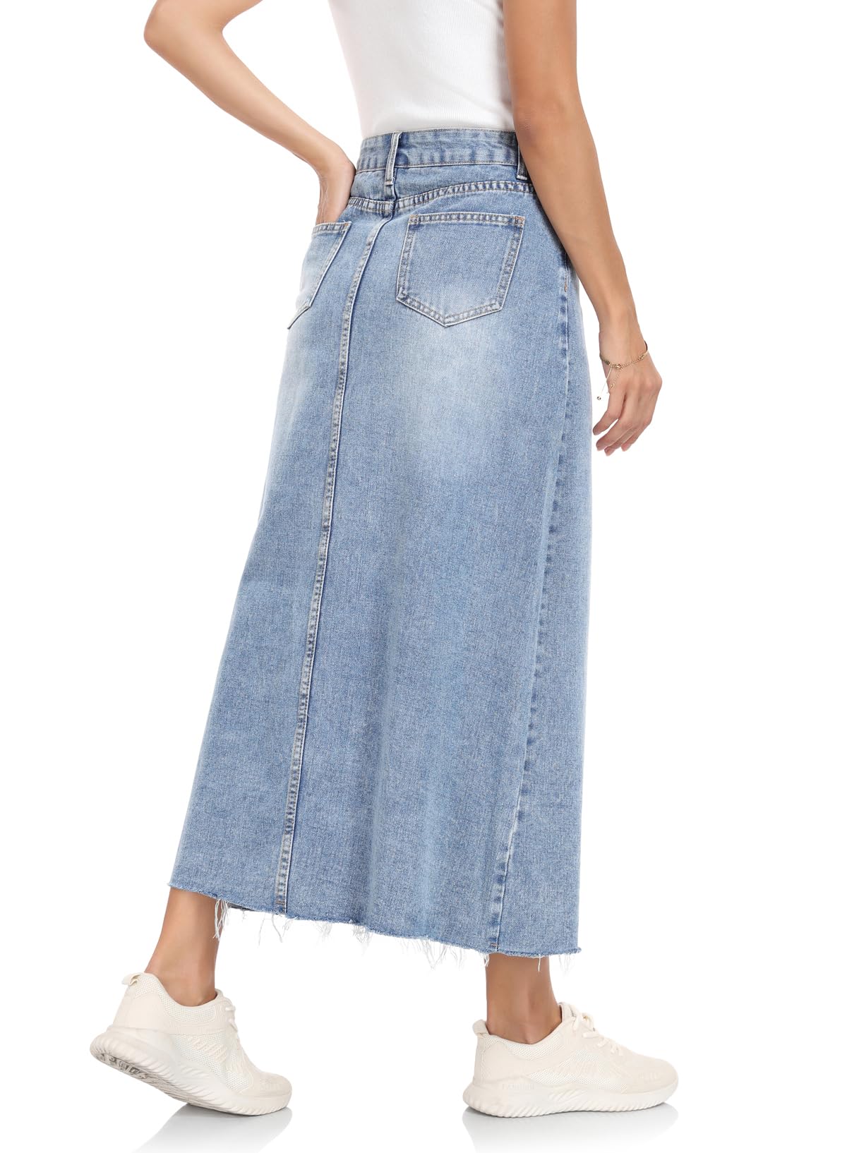 MISS MOLY Women's Maxi Long Denim Skirts High Waist Frayed Raw Hem Split A line Flare Jean Skirt with Pockets