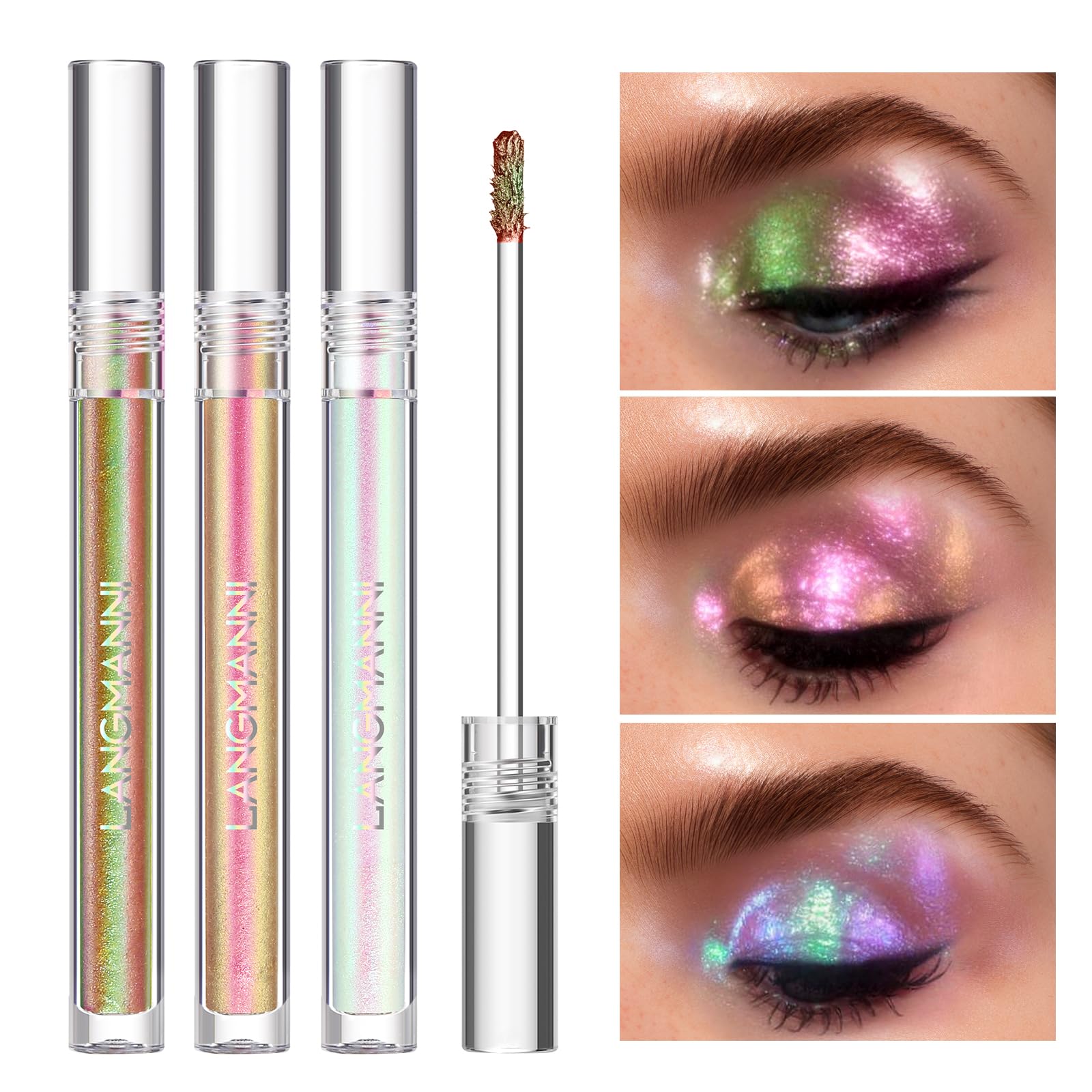 Jolilab Metallic Liquid Chameleon Eyeshadow, Multi-Dimensional Eye Looks, Long-lasting Holographic Glitter Multichrome Eyeshadows Makeup (#Peacock+Wonder+Ember)