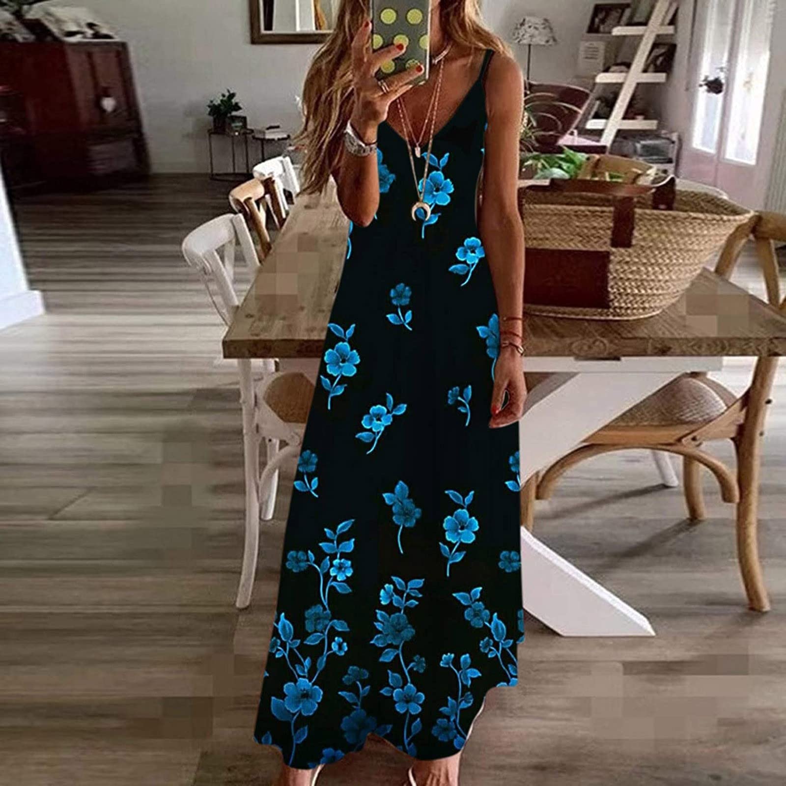 Off Shoulder Dresses for Women Fashion Print Maxi Dress V Neck Sleeveless Summer Long Dress Casual Loose Sundress