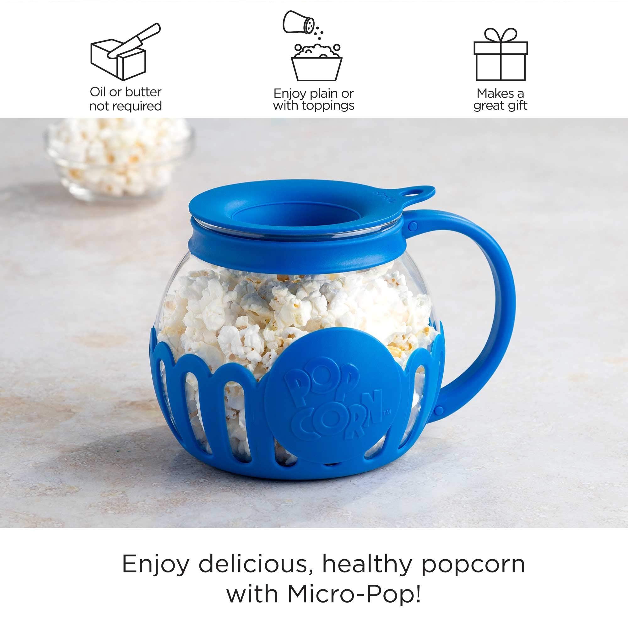 Ecolution Patented Micro-Pop Microwave Popcorn Popper with Temperature Safe Glass, 3-in-1 Lid Measures Kernels and Melts Butter, Made Without BPA, Dishwasher Safe, 3-Quart, Aqua