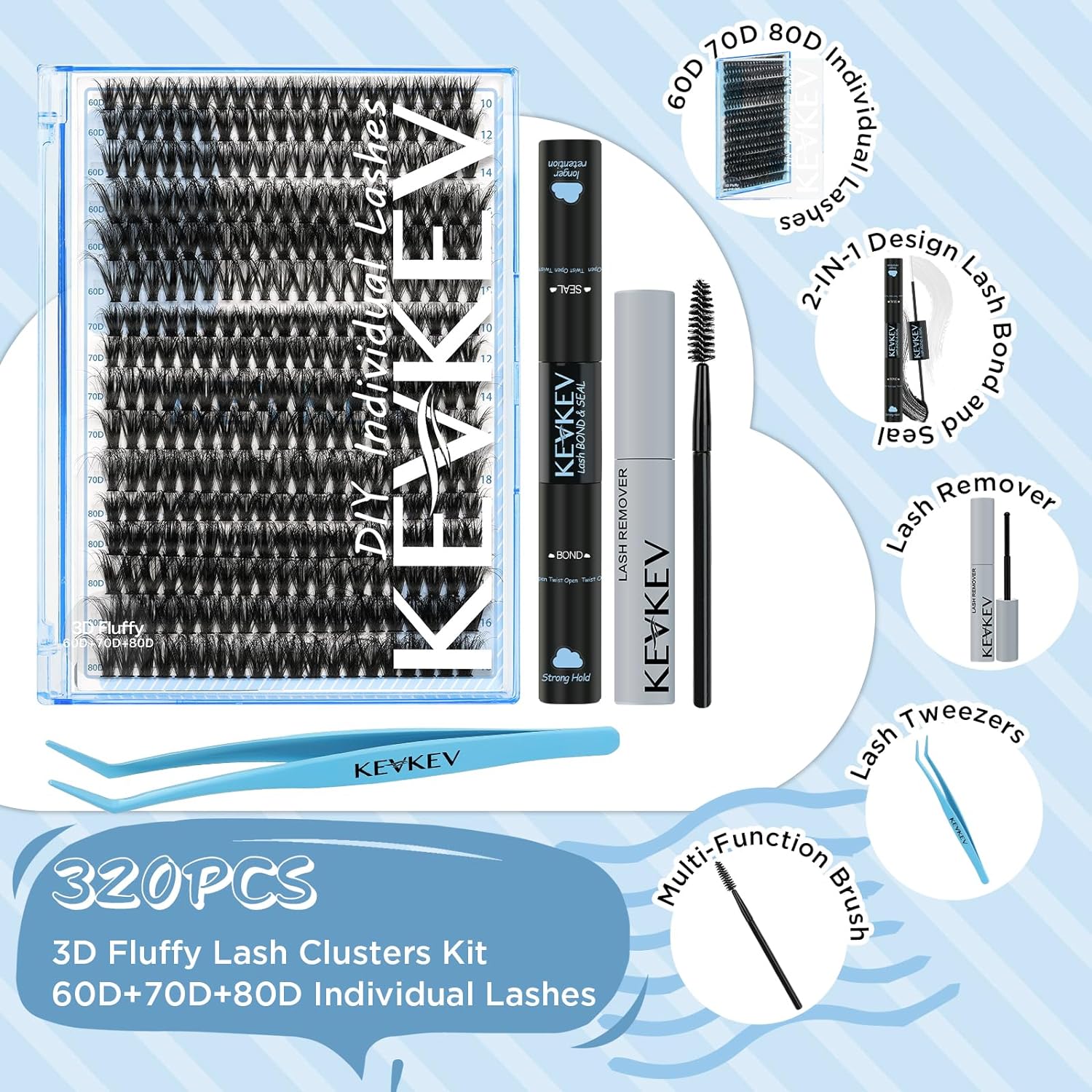 KevKev Lash Extension Kit 320pcs Fluffy Lash Clusters Kit 60D+70D+80D Mixed 0.05D Softer Individual Lashes Natural Cluster Eyelash Extension Kit with Lash Bond and Seal, Lash Remover, Lash Applicators