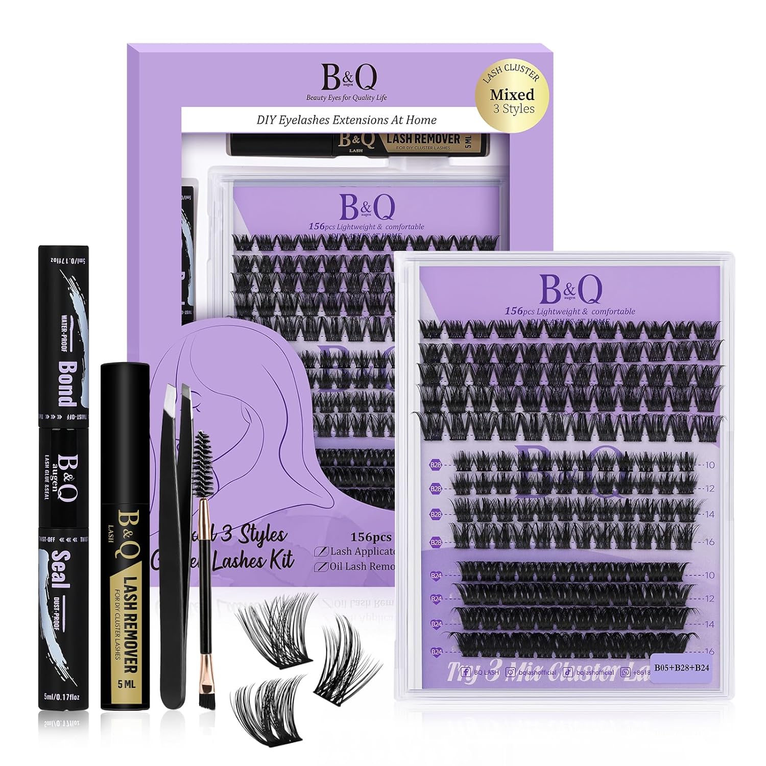 DIY Lash Extension Kit Individual Eyelash Extension Kit B&Q D Curl Cluster Lashes Individual Eyelashes with Lash Bond and Seal, Lash Applicator Tool DIY Lash Extensions at Home (Kit,40D-0.07D-8-18mix)