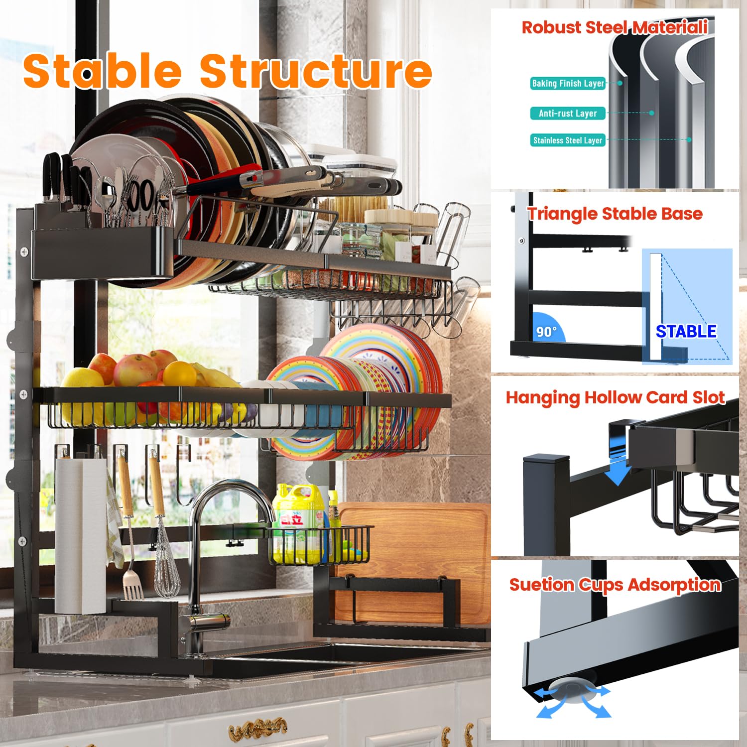 Over Sink Dish Drying Rack (Expandable Height/Length) Snap-On Design Large Dish Drainer Stainless Steel Storage Counter Organizer (24" - 35.5"(L) x 12"(W) x 19" - 22"(H))