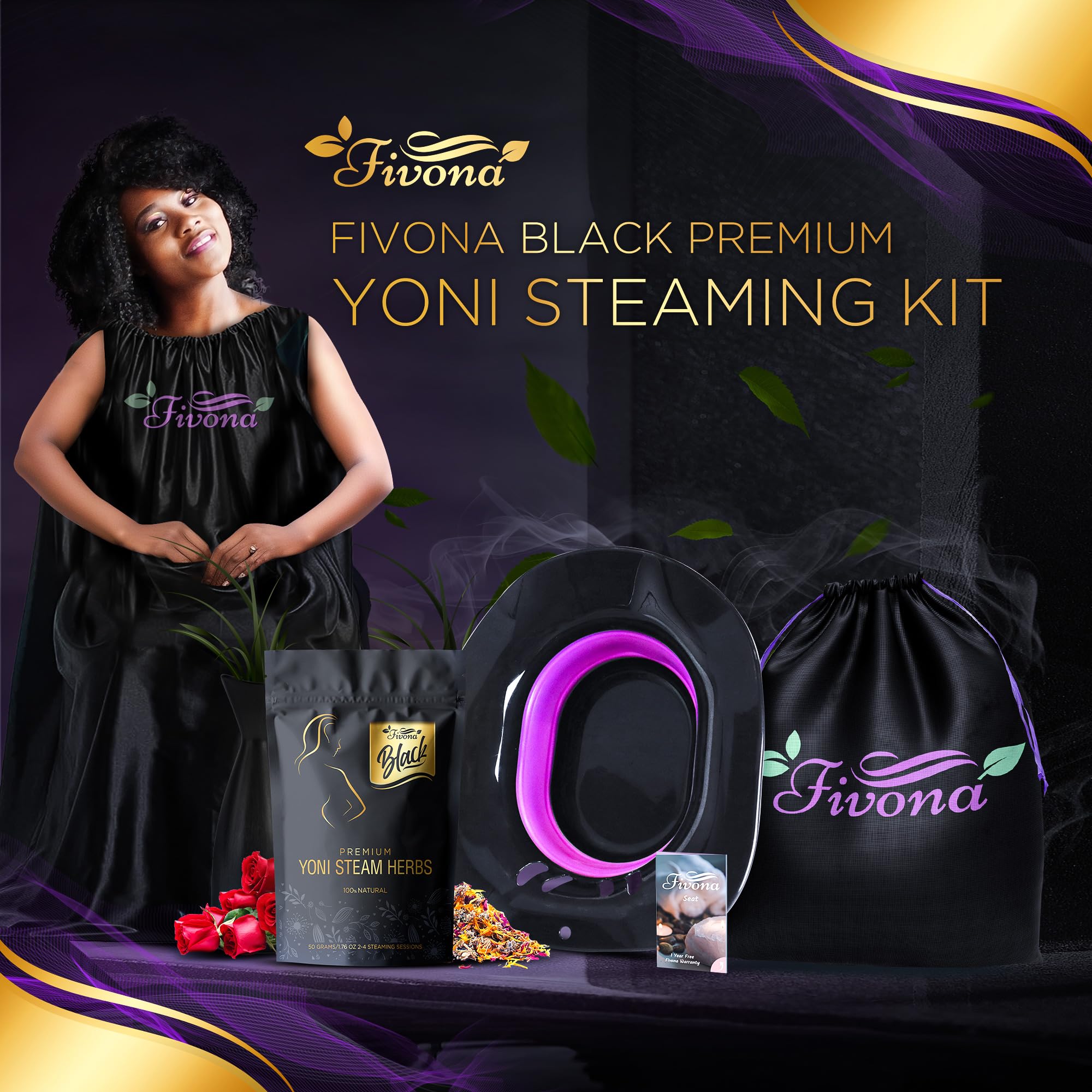 FIVONA 4 in 1 Yoni Steam Kit Black - Foldable Over The Toilet Steamer Seat with Herbal Blend, Storage Bag and Steam Gown - Effective Detox pH Balance Cleansing and Relaxation