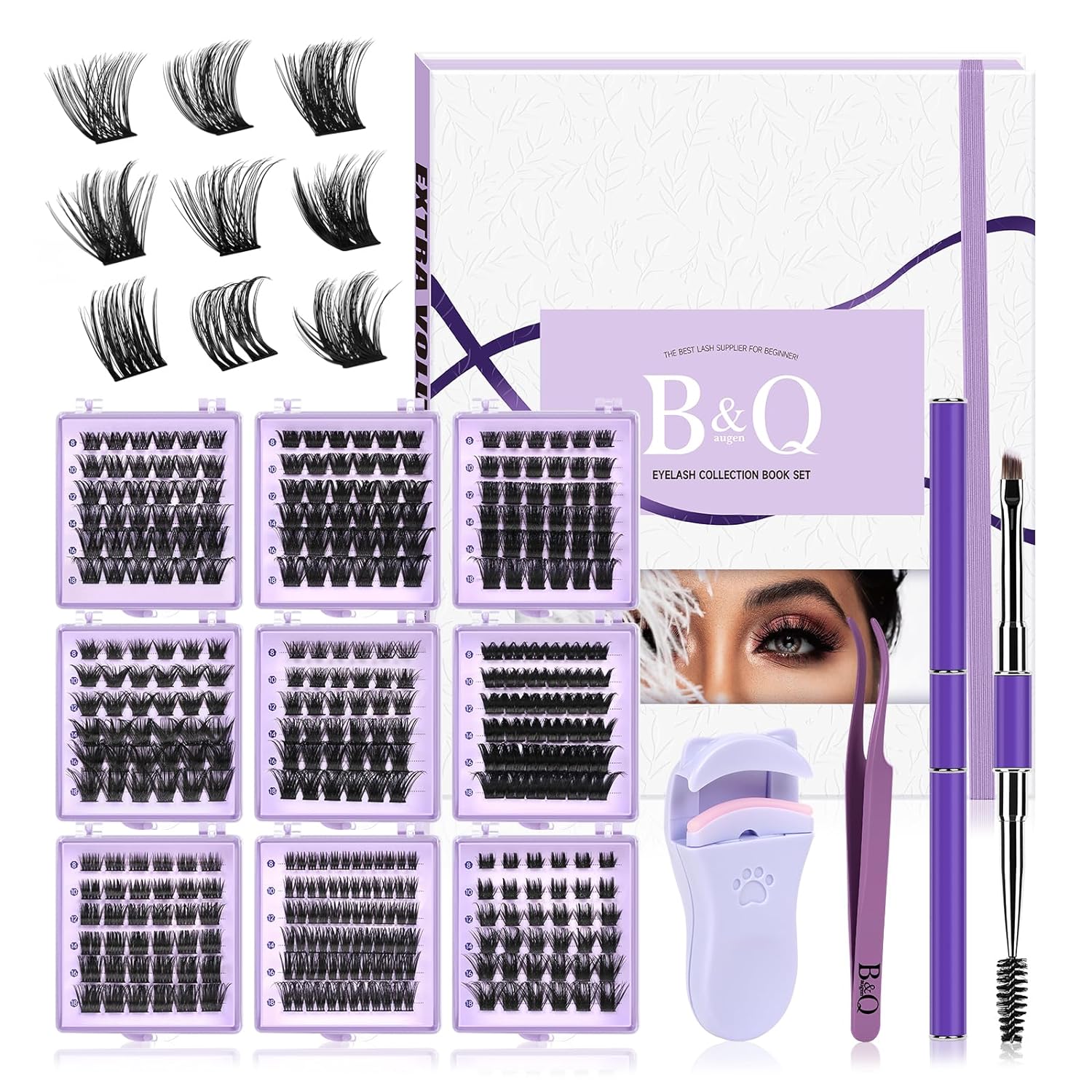 DIY Lash Extension Kit Individual Eyelash Extension Kit B&Q D Curl Cluster Lashes Individual Eyelashes with Lash Bond and Seal, Lash Applicator Tool DIY Lash Extensions at Home (Kit,40D-0.07D-8-18mix)