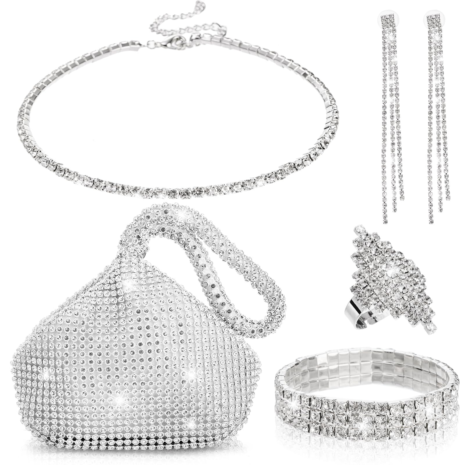 5 Pcs Rhinestone Silver Jewelry Set, Shiny Silver Clutch Purse for Women, Silver Necklace Set, Wedding Jewelry, Bling Necklace Earrings Bracelet Ring for Women