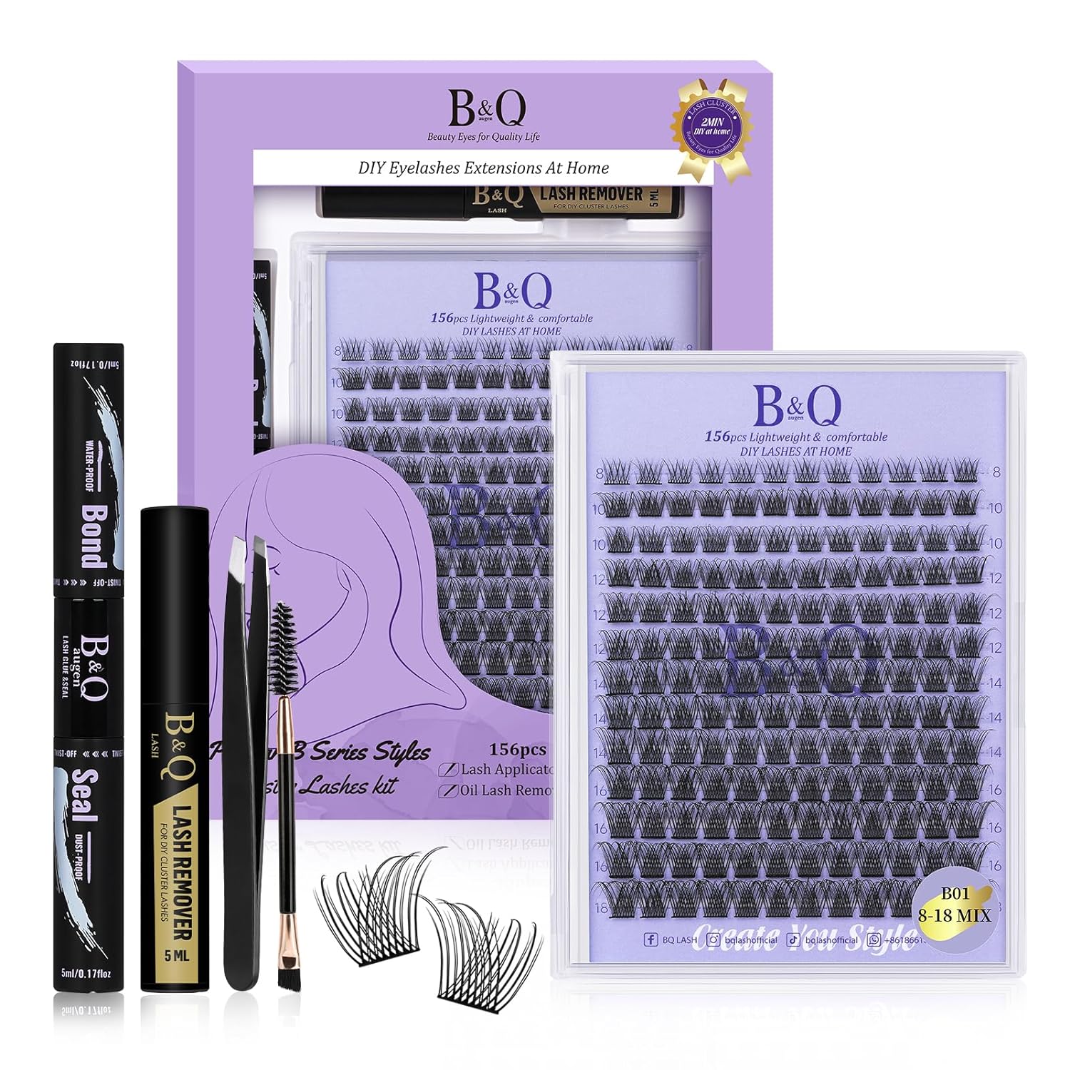 DIY Lash Extension Kit Individual Eyelash Extension Kit B&Q D Curl Cluster Lashes Individual Eyelashes with Lash Bond and Seal, Lash Applicator Tool DIY Lash Extensions at Home (Kit,40D-0.07D-8-18mix)