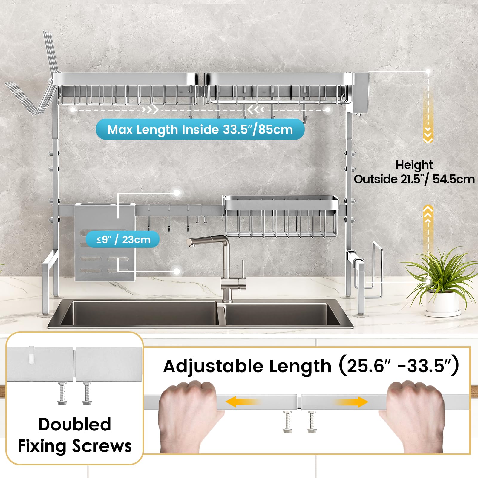 MERRYBOX 304 Stainless Steel Over The Sink Dish Drying Rack Length Adjustable Dish Drainer Full Set Dish Rack for Kitchen Sink Organizer Space Saver - Silver