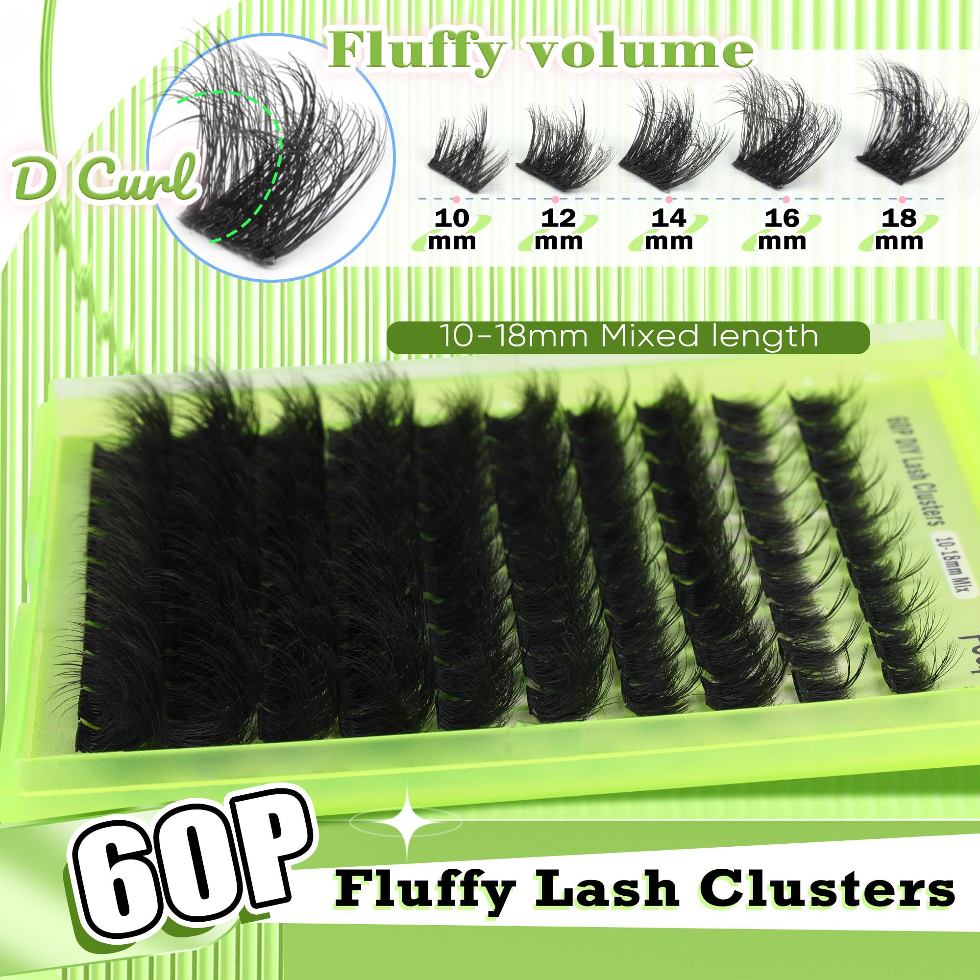 DIY Eyelash Extension Kit Volume Fluffy Lash Clusters Kit 10-18mm Thick Lash Extensions 90D Individual Eyelashes Extensions Kit with Lash Bond, Lash Remover, Lash Applicator (90D-D Curl-200Pcs)