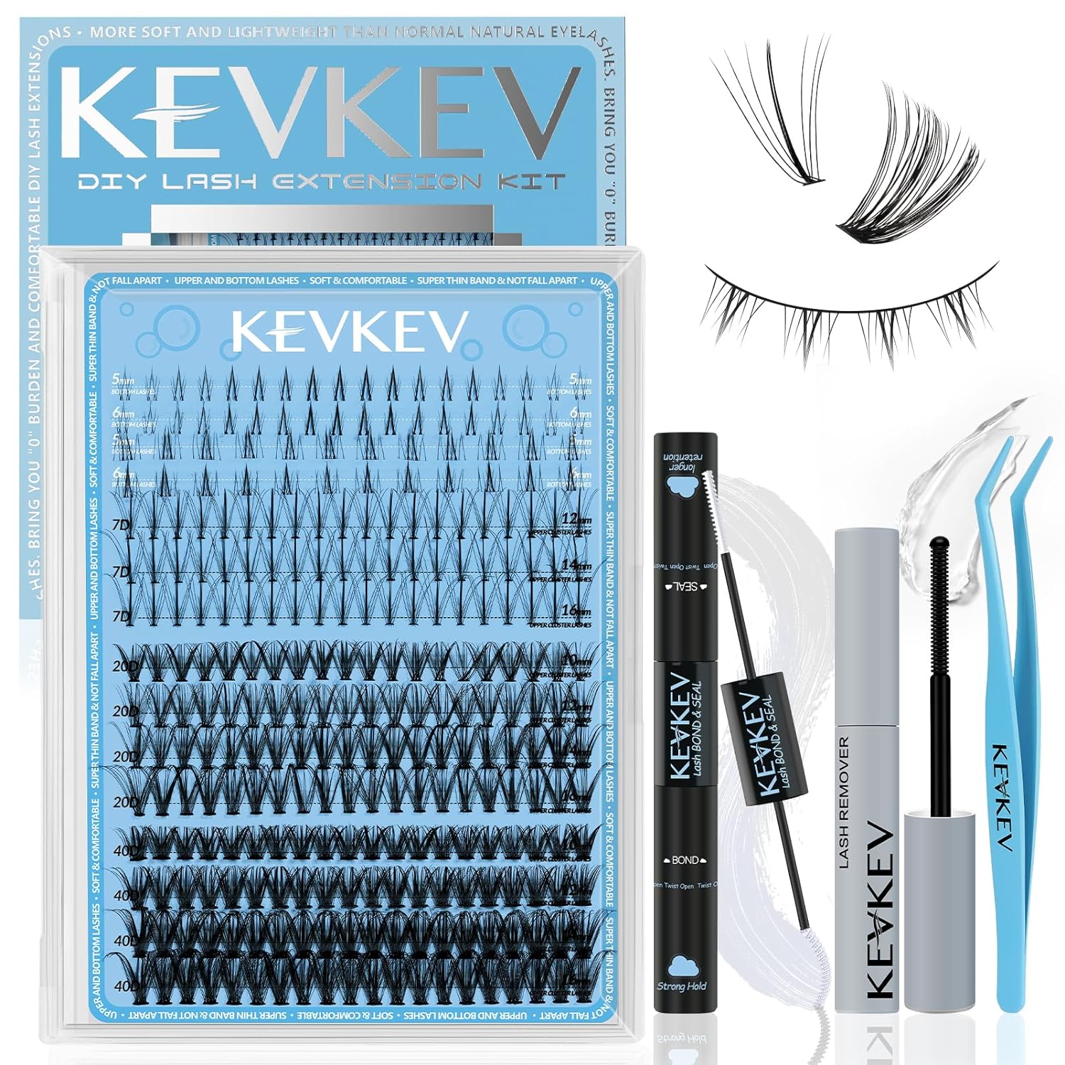 KevKev Lash Extension Kit Multi-Type Mixed Lash Clusters Kit Upper & Bottom Individual Lashes with Lash Bond and Seal Lash Remover Lash Applicator for Self Application (7D+20D+40D, D-5-16mix)