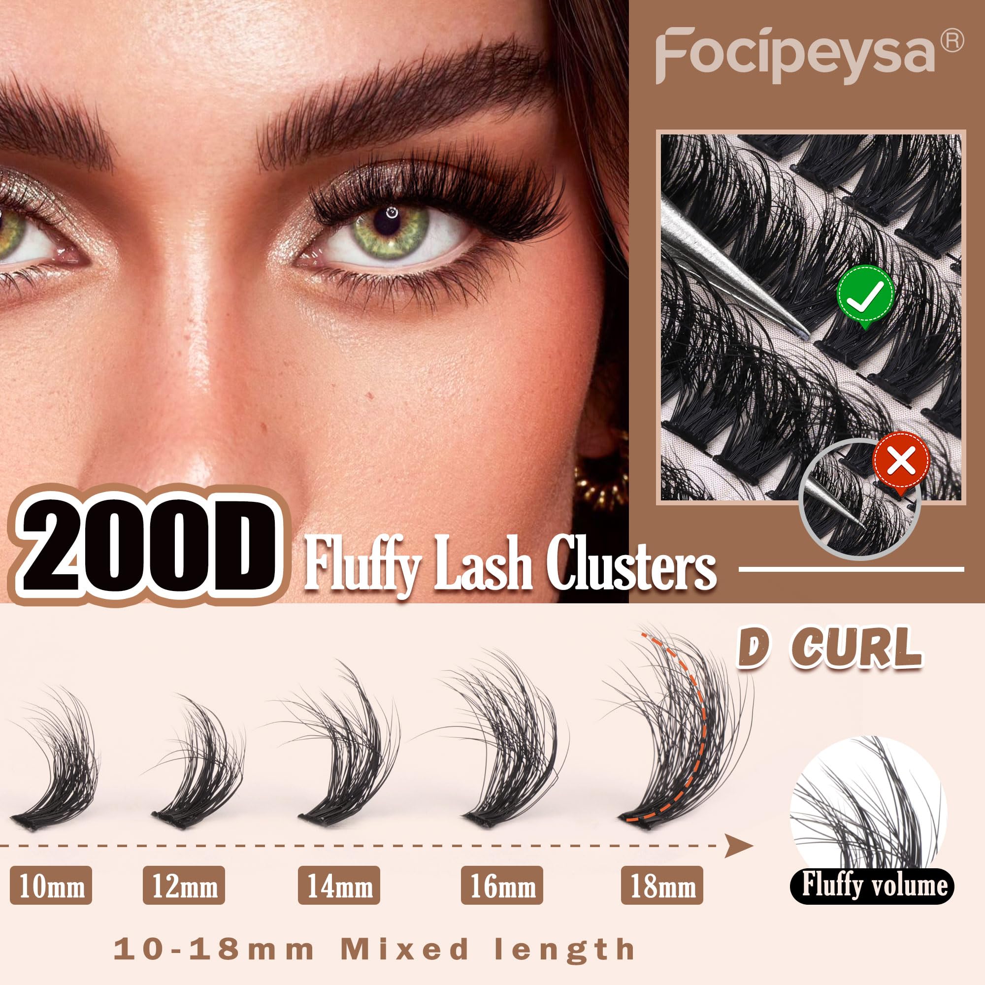 DIY Eyelash Extension Kit Volume Fluffy Lash Clusters Kit 10-18mm Thick Lash Extensions 90D Individual Eyelashes Extensions Kit with Lash Bond, Lash Remover, Lash Applicator (90D-D Curl-200Pcs)