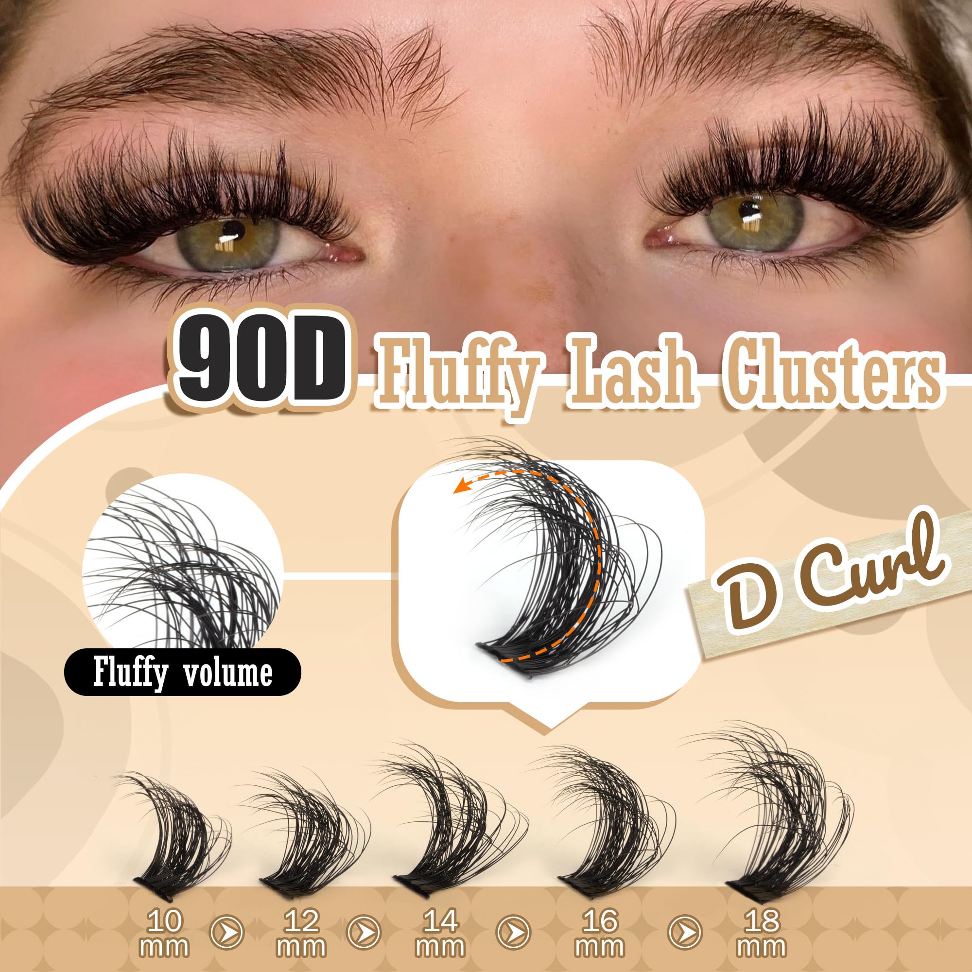 DIY Eyelash Extension Kit Volume Fluffy Lash Clusters Kit 10-18mm Thick Lash Extensions 90D Individual Eyelashes Extensions Kit with Lash Bond, Lash Remover, Lash Applicator (90D-D Curl-200Pcs)