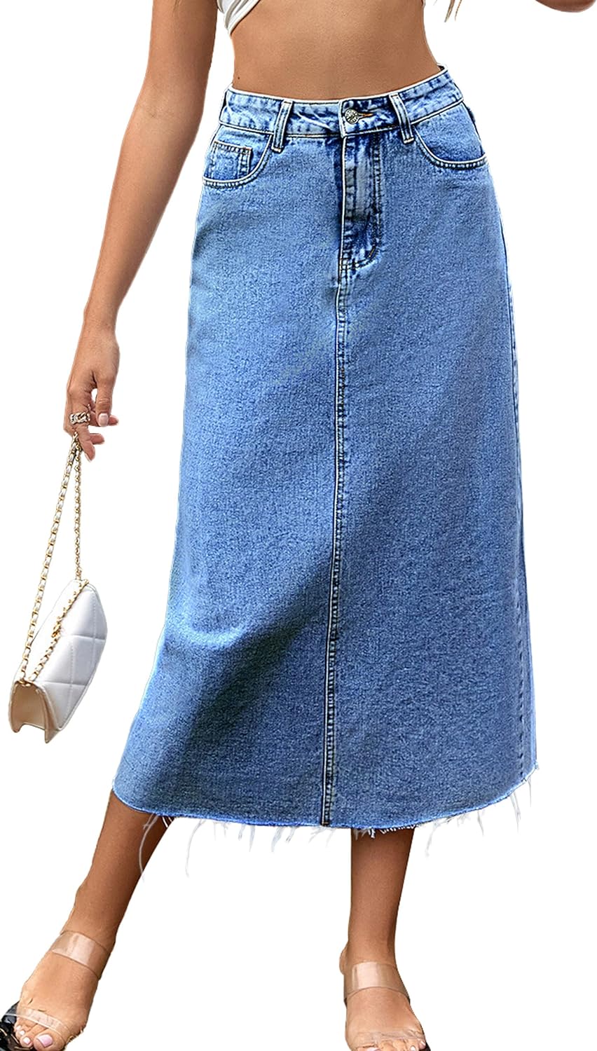 MISS MOLY Women's Maxi Long Denim Skirts High Waist Frayed Raw Hem Split A line Flare Jean Skirt with Pockets