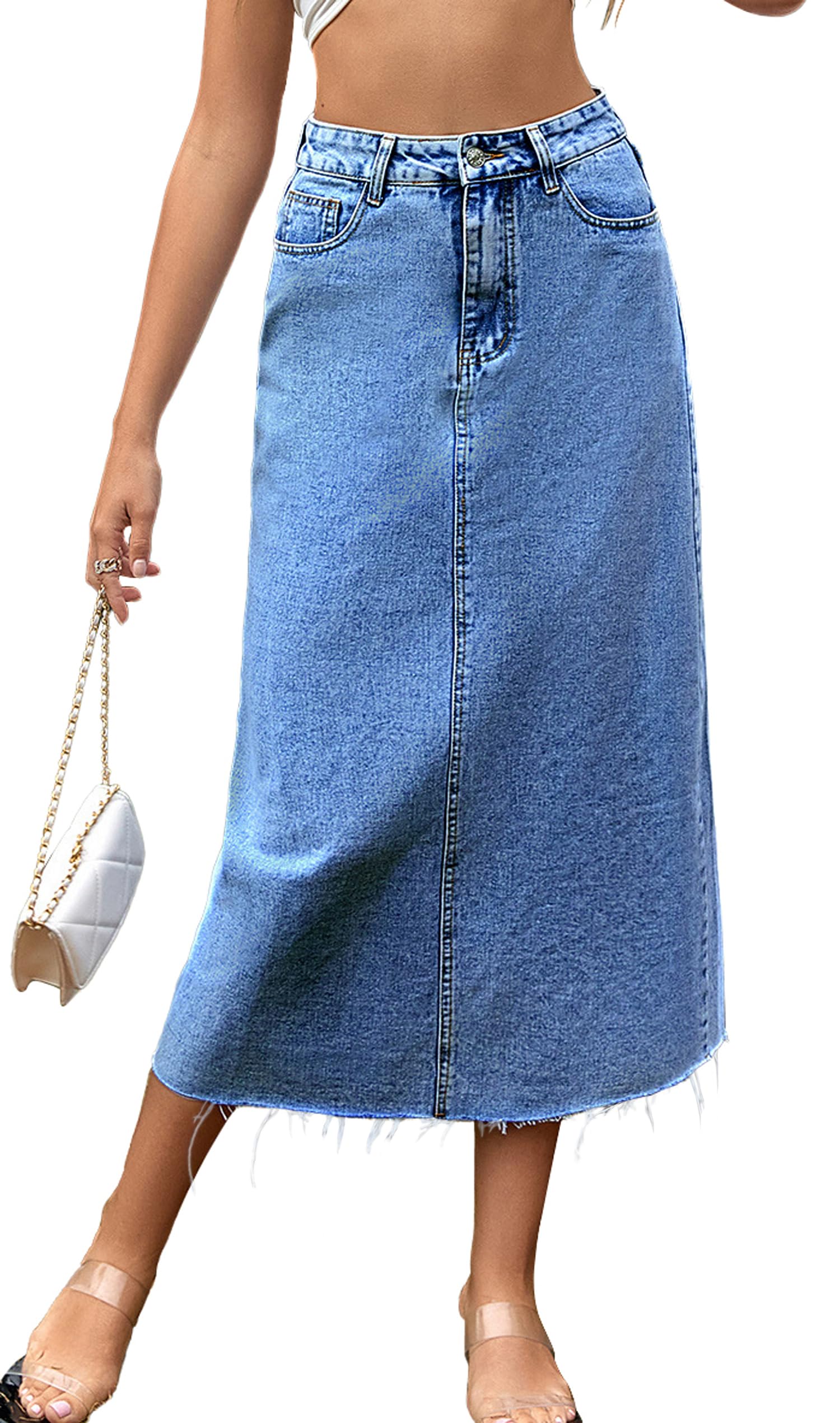 MISS MOLY Women's Maxi Long Denim Skirts High Waist Frayed Raw Hem Split A line Flare Jean Skirt with Pockets