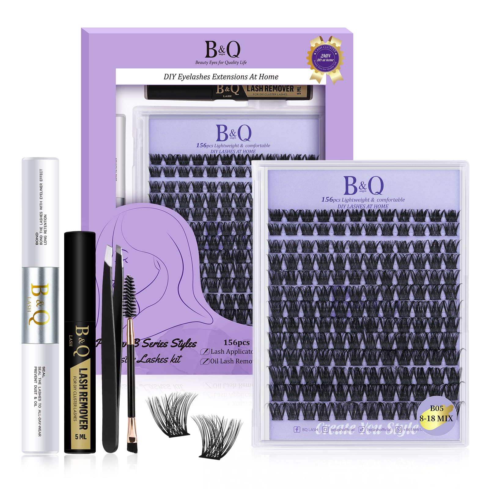 DIY Lash Extension Kit Individual Eyelash Extension Kit B&Q D Curl Cluster Lashes Individual Eyelashes with Lash Bond and Seal, Lash Applicator Tool DIY Lash Extensions at Home (Kit,40D-0.07D-8-18mix)