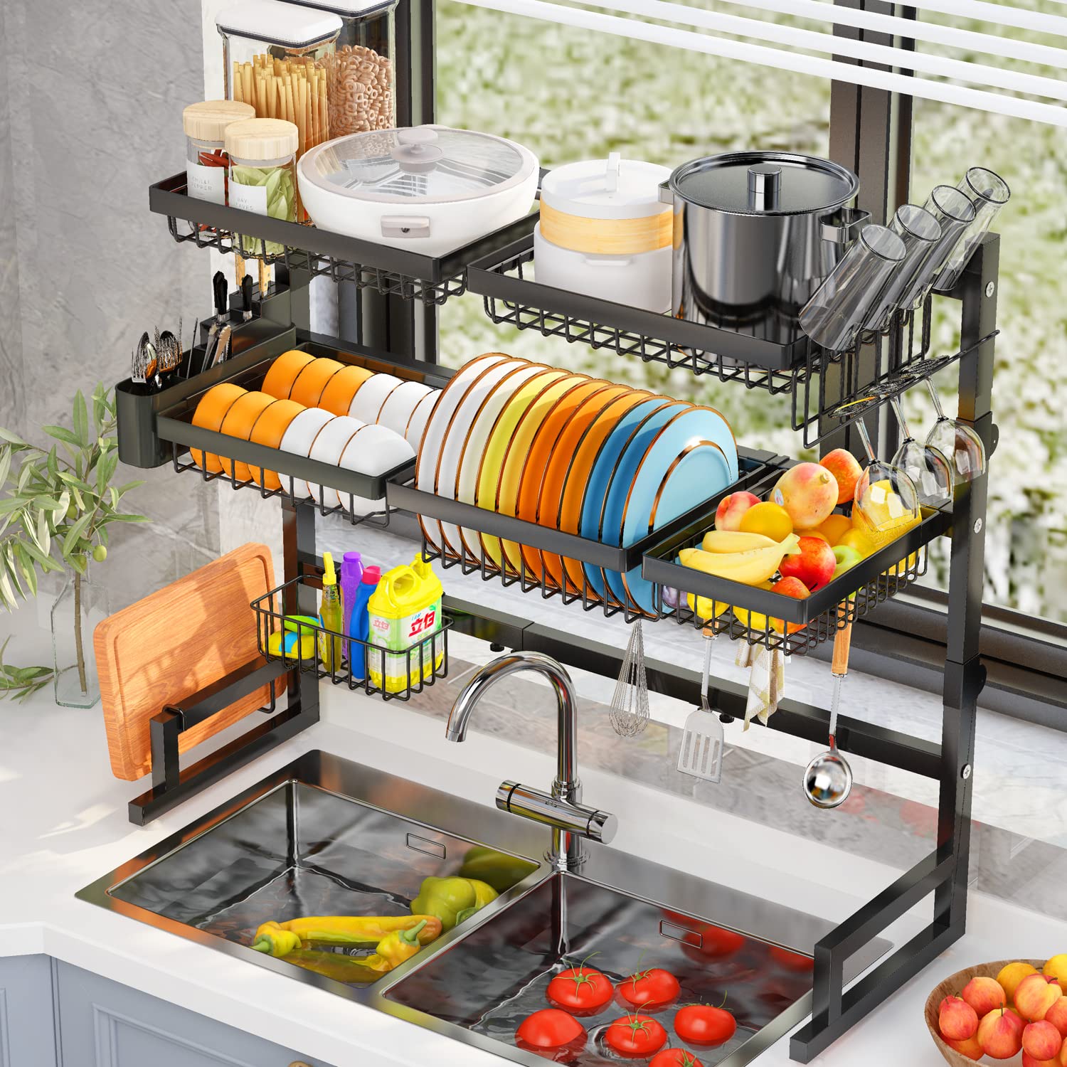 Over Sink Dish Drying Rack (Expandable Height/Length) Snap-On Design Large Dish Drainer Stainless Steel Storage Counter Organizer (24" - 35.5"(L) x 12"(W) x 19" - 22"(H))