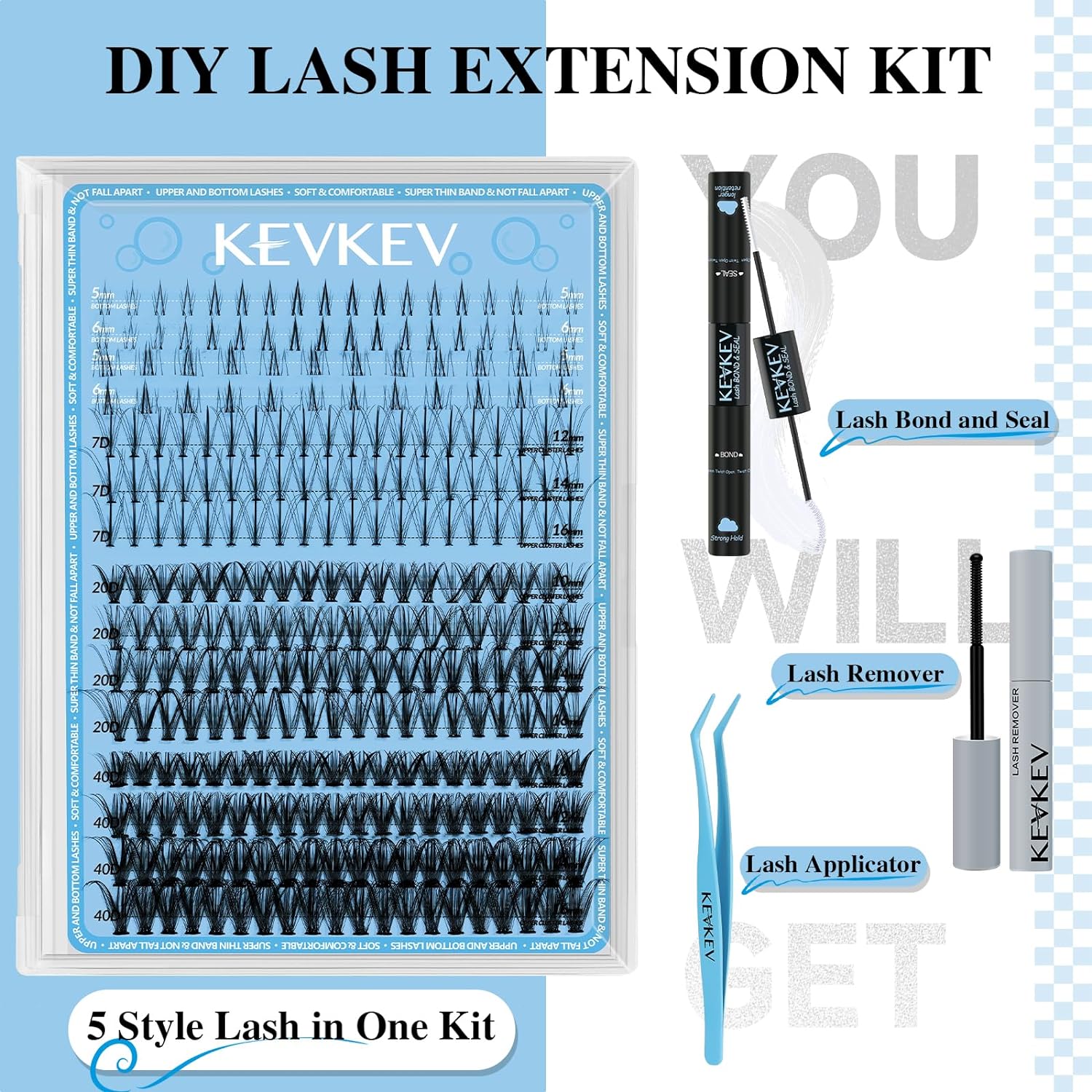 KevKev Lash Extension Kit Multi-Type Mixed Lash Clusters Kit Upper & Bottom Individual Lashes with Lash Bond and Seal Lash Remover Lash Applicator for Self Application (7D+20D+40D, D-5-16mix)