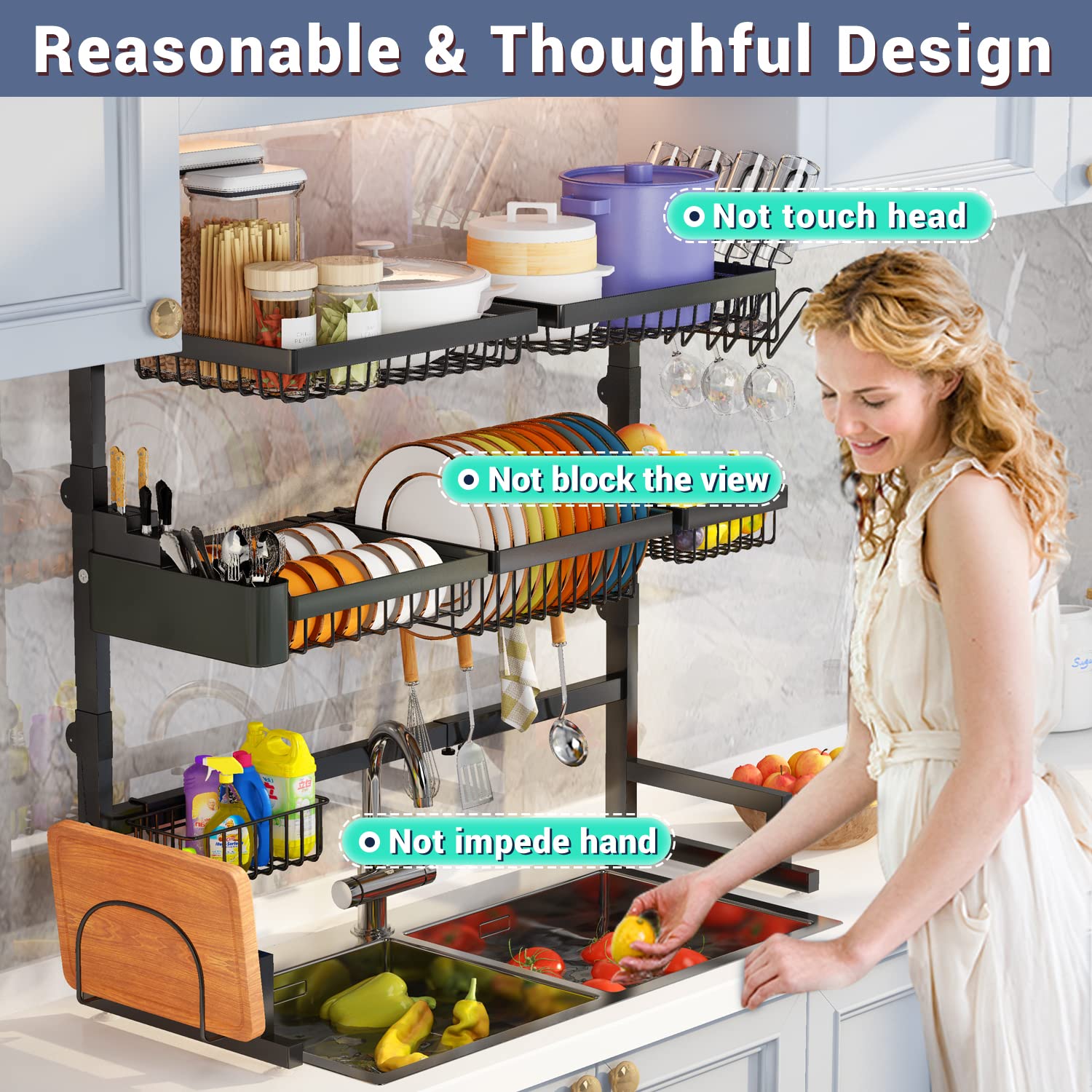 Over Sink Dish Drying Rack (Expandable Height/Length) Snap-On Design Large Dish Drainer Stainless Steel Storage Counter Organizer (24" - 35.5"(L) x 12"(W) x 19" - 22"(H))