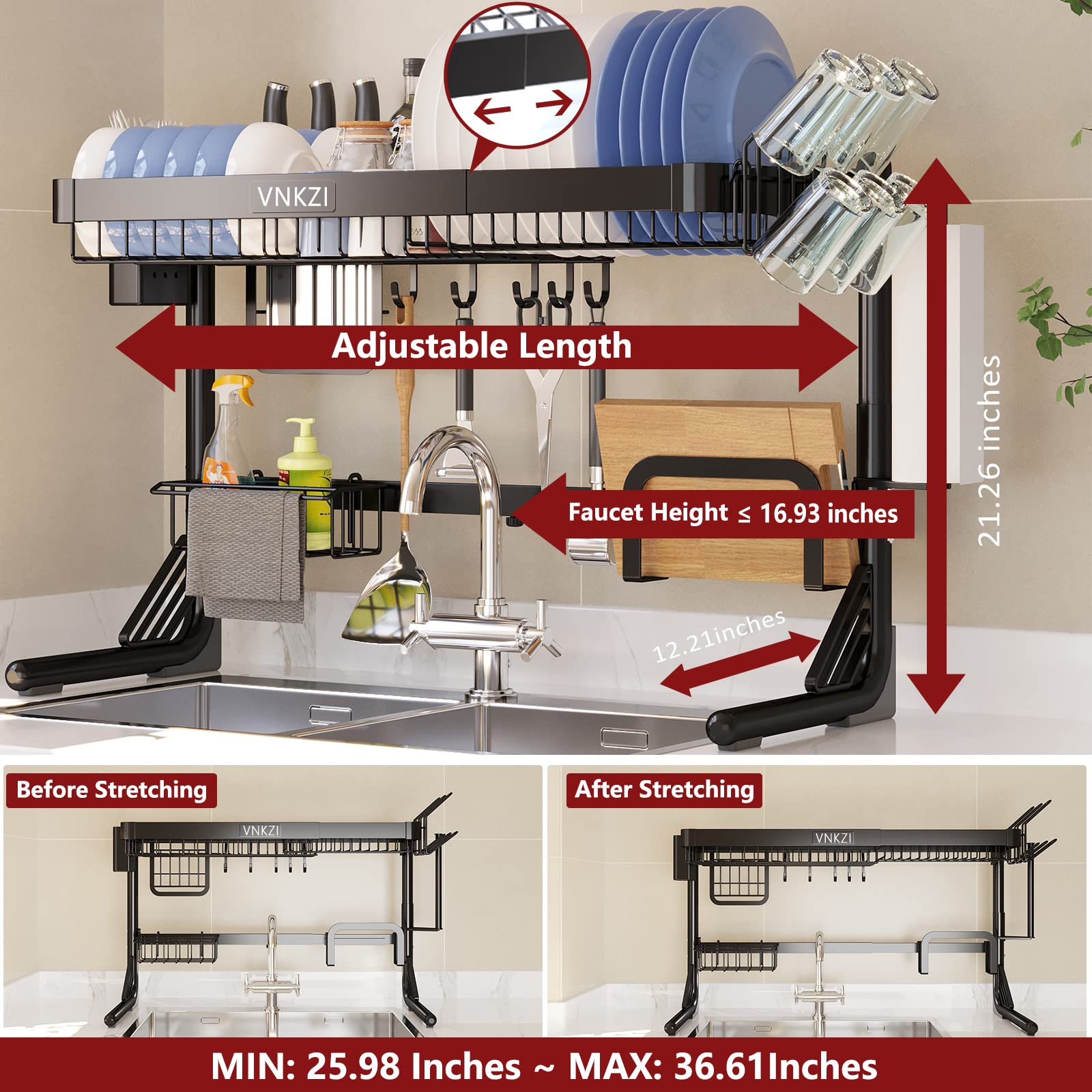 VNKZI Over Sink Dish Drainer Drying Rack, 2 Tier Full Stainless Steel Storage Adjustable Length (25.98'' to 36.61'') Kitchen Rack, Multifunctional Expandable Counter Organizer, Space Saver Dish Rack