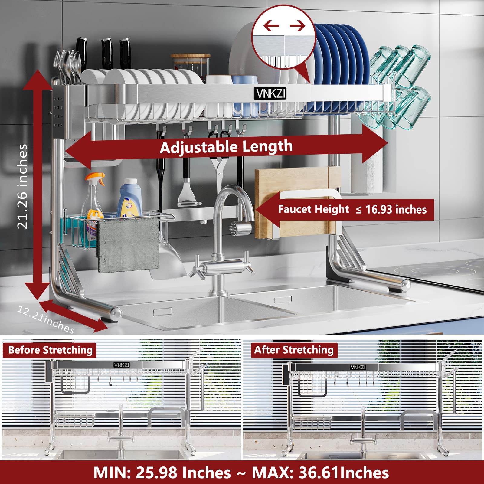 VNKZI Over Sink Dish Drainer Drying Rack, 2 Tier Full Stainless Steel Storage Adjustable Length (25.98'' to 36.61'') Kitchen Rack, Multifunctional Expandable Counter Organizer, Space Saver Dish Rack