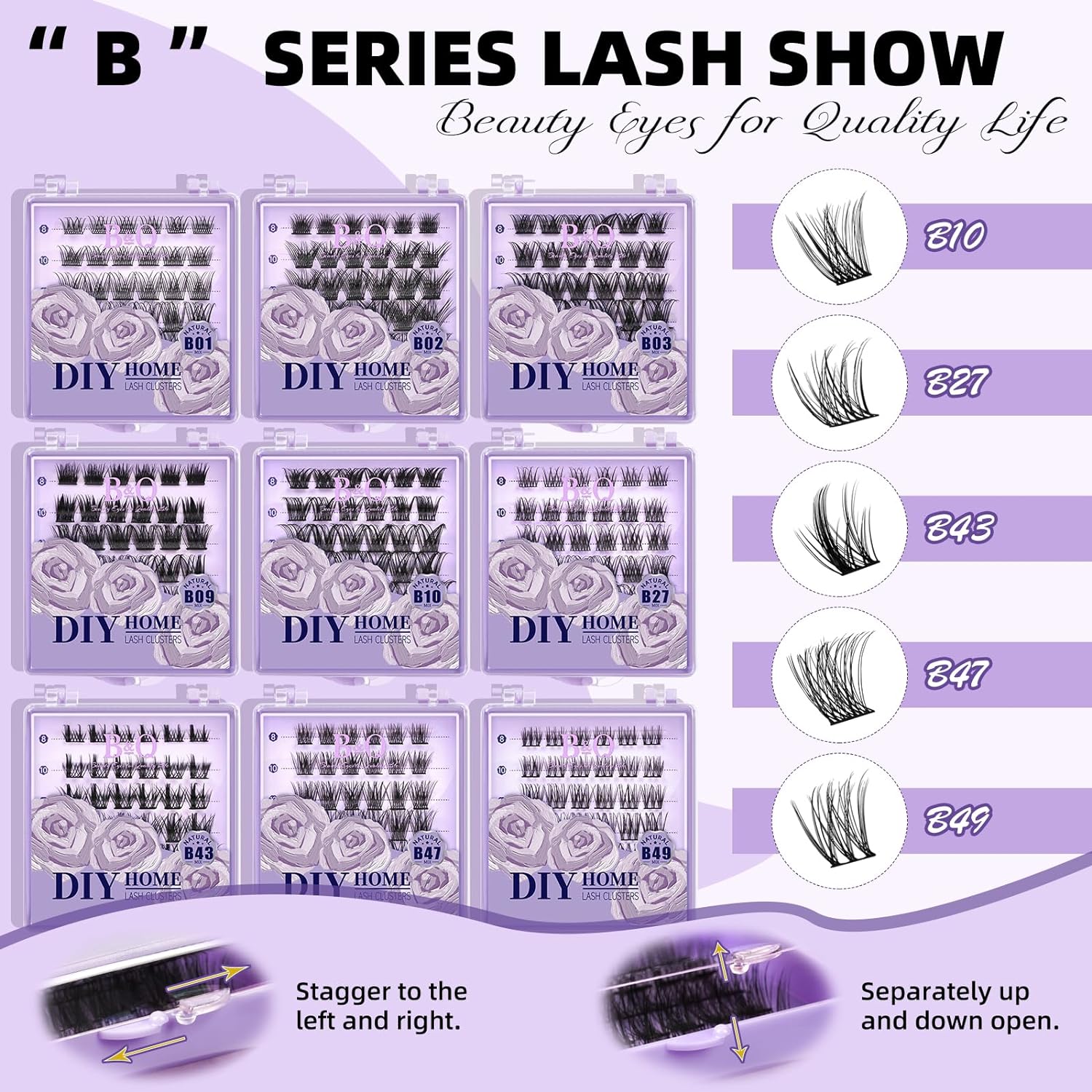 DIY Lash Extension Kit Individual Eyelash Extension Kit B&Q D Curl Cluster Lashes Individual Eyelashes with Lash Bond and Seal, Lash Applicator Tool DIY Lash Extensions at Home (Kit,40D-0.07D-8-18mix)