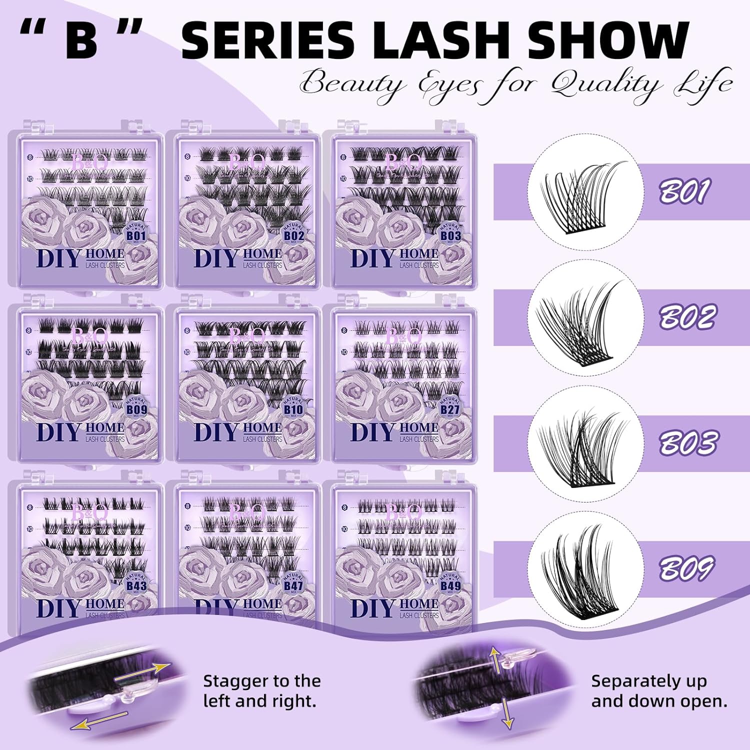 DIY Lash Extension Kit Individual Eyelash Extension Kit B&Q D Curl Cluster Lashes Individual Eyelashes with Lash Bond and Seal, Lash Applicator Tool DIY Lash Extensions at Home (Kit,40D-0.07D-8-18mix)