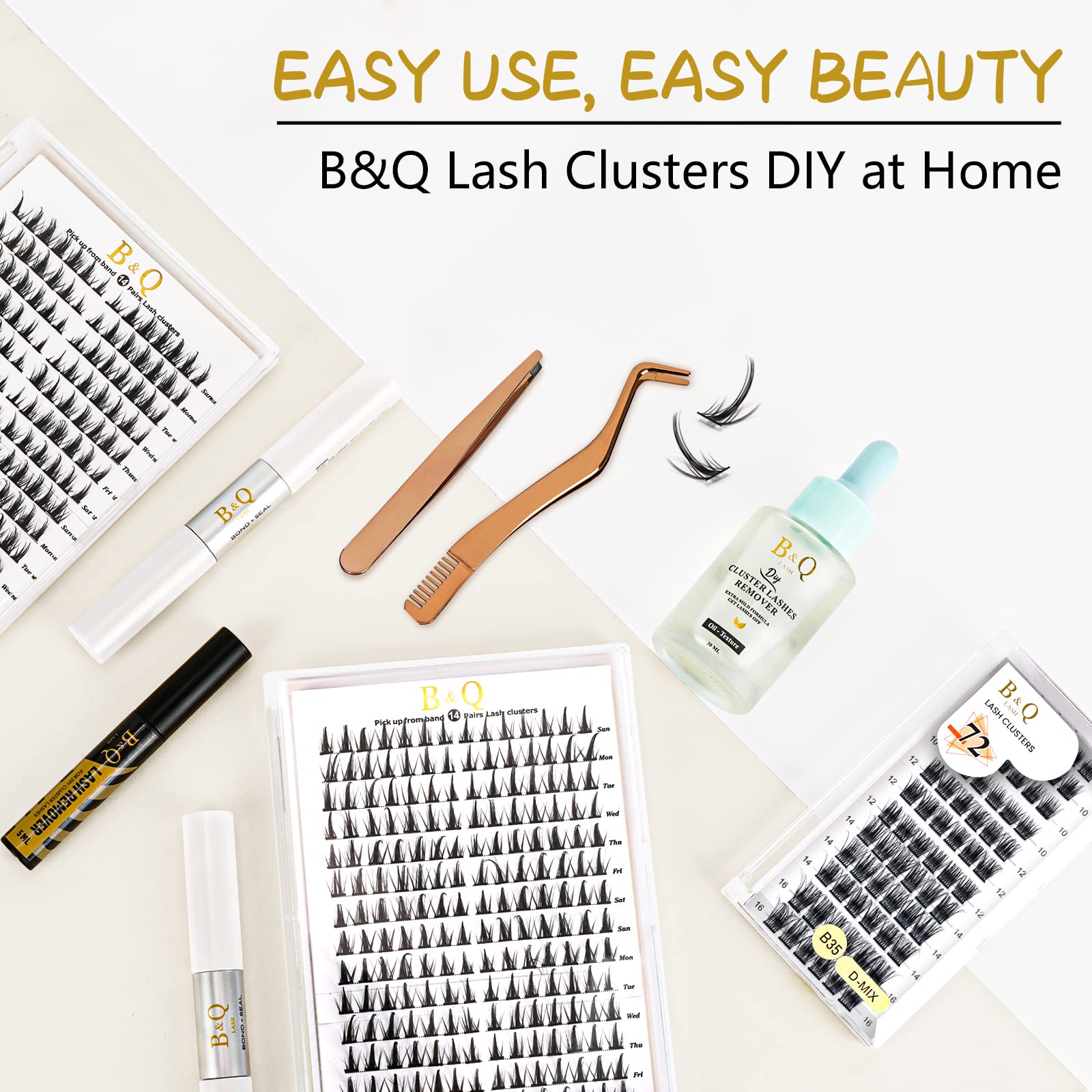 DIY Lash Extension Kit Individual Eyelash Extension Kit B&Q D Curl Cluster Lashes Individual Eyelashes with Lash Bond and Seal, Lash Applicator Tool DIY Lash Extensions at Home (Kit,40D-0.07D-8-18mix)