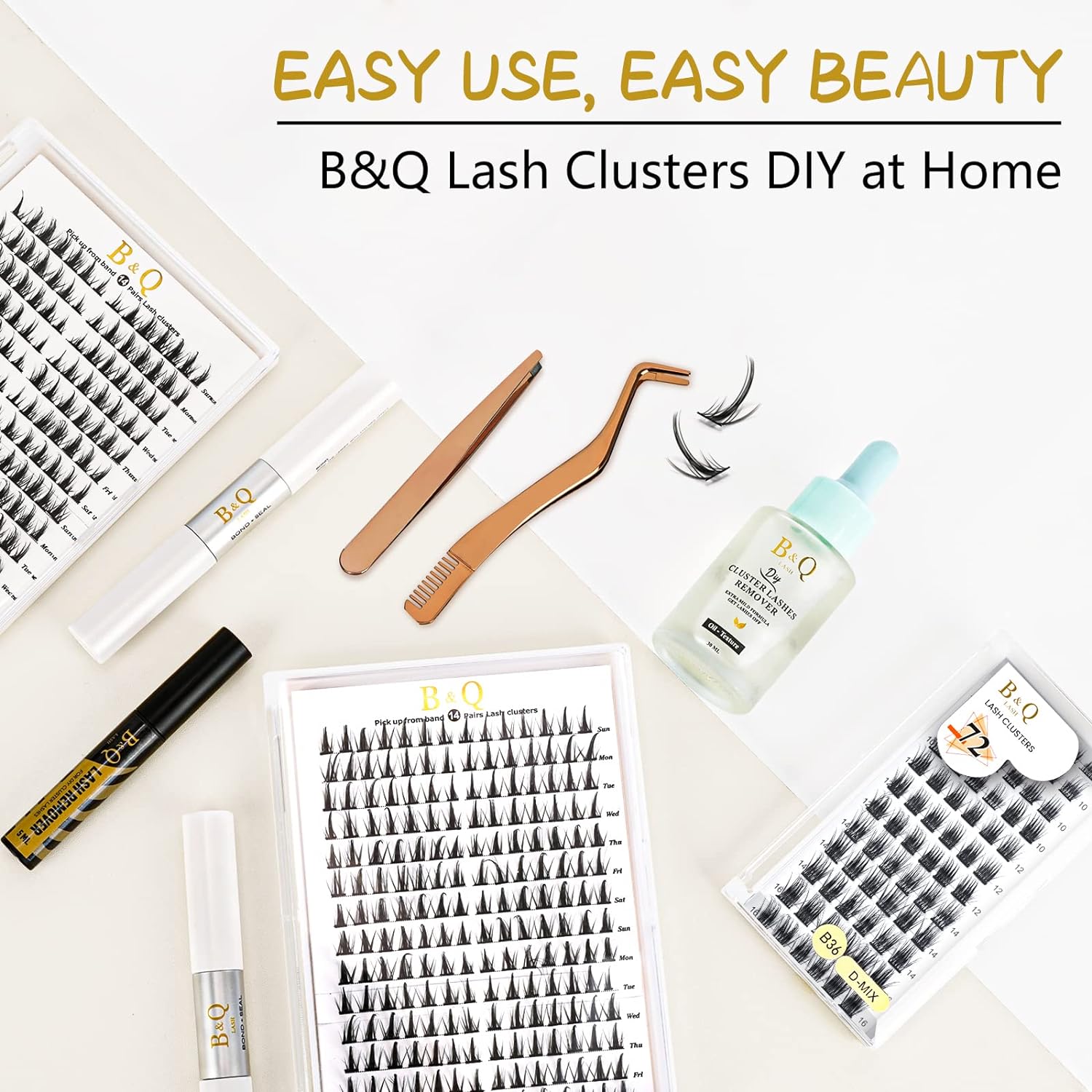 DIY Lash Extension Kit Individual Eyelash Extension Kit B&Q D Curl Cluster Lashes Individual Eyelashes with Lash Bond and Seal, Lash Applicator Tool DIY Lash Extensions at Home (Kit,40D-0.07D-8-18mix)