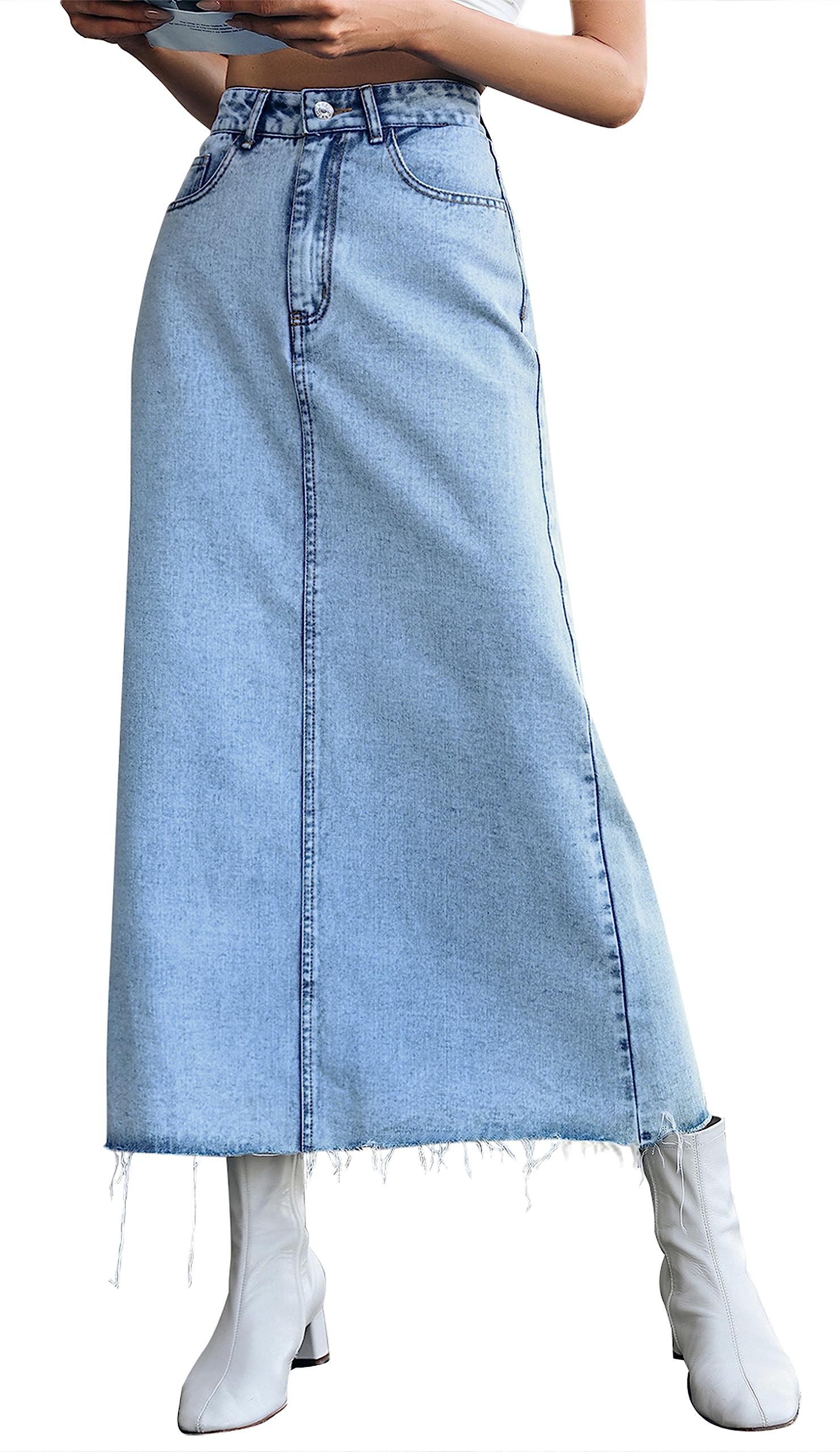 MISS MOLY Women's Maxi Long Denim Skirts High Waist Frayed Raw Hem Split A line Flare Jean Skirt with Pockets